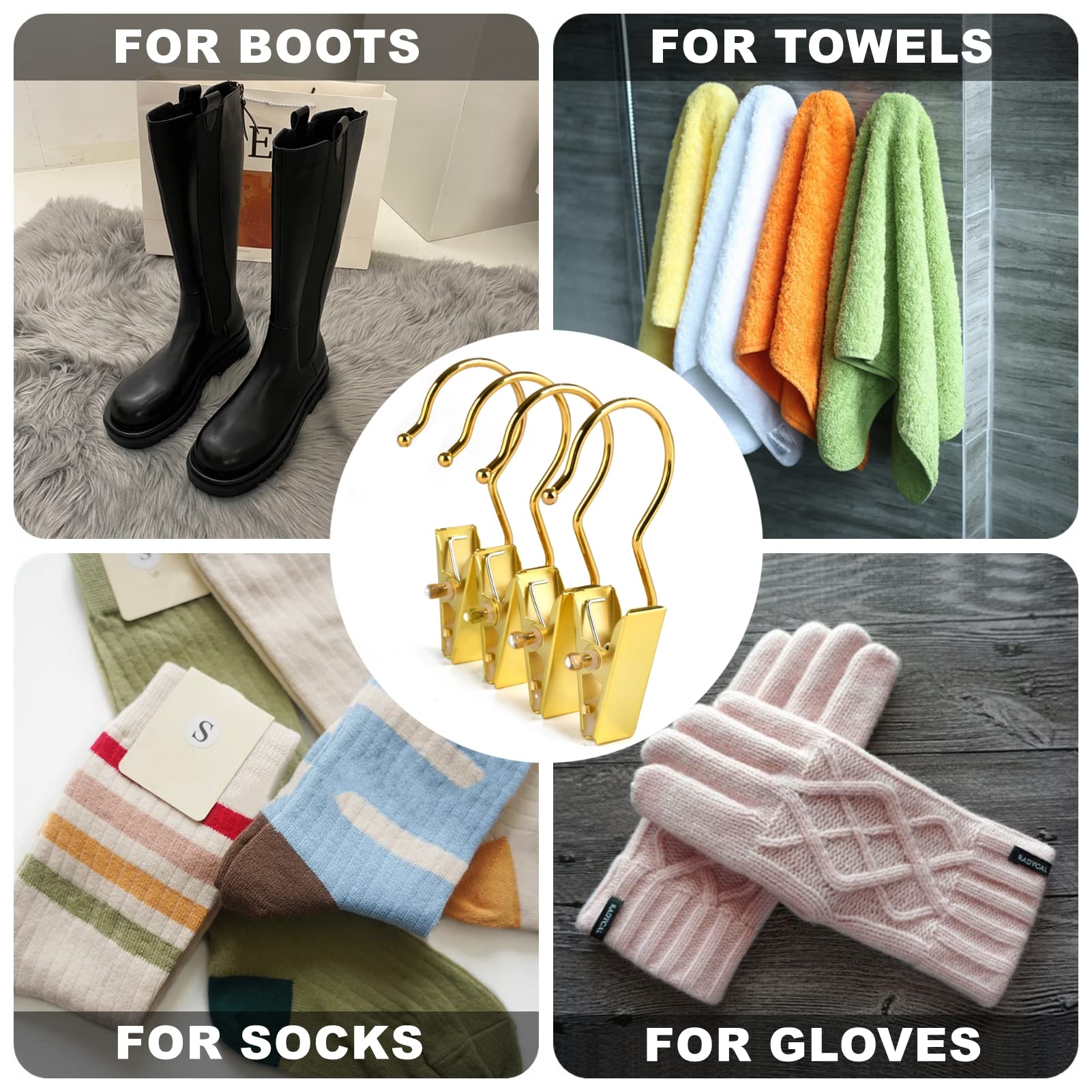 Amber Home 24 Pack Gold Boot Clips For Closet, Gold Boot Hangers With Hooks, Laundry Hooks, Clothes Pins, Portable Home Travel H
