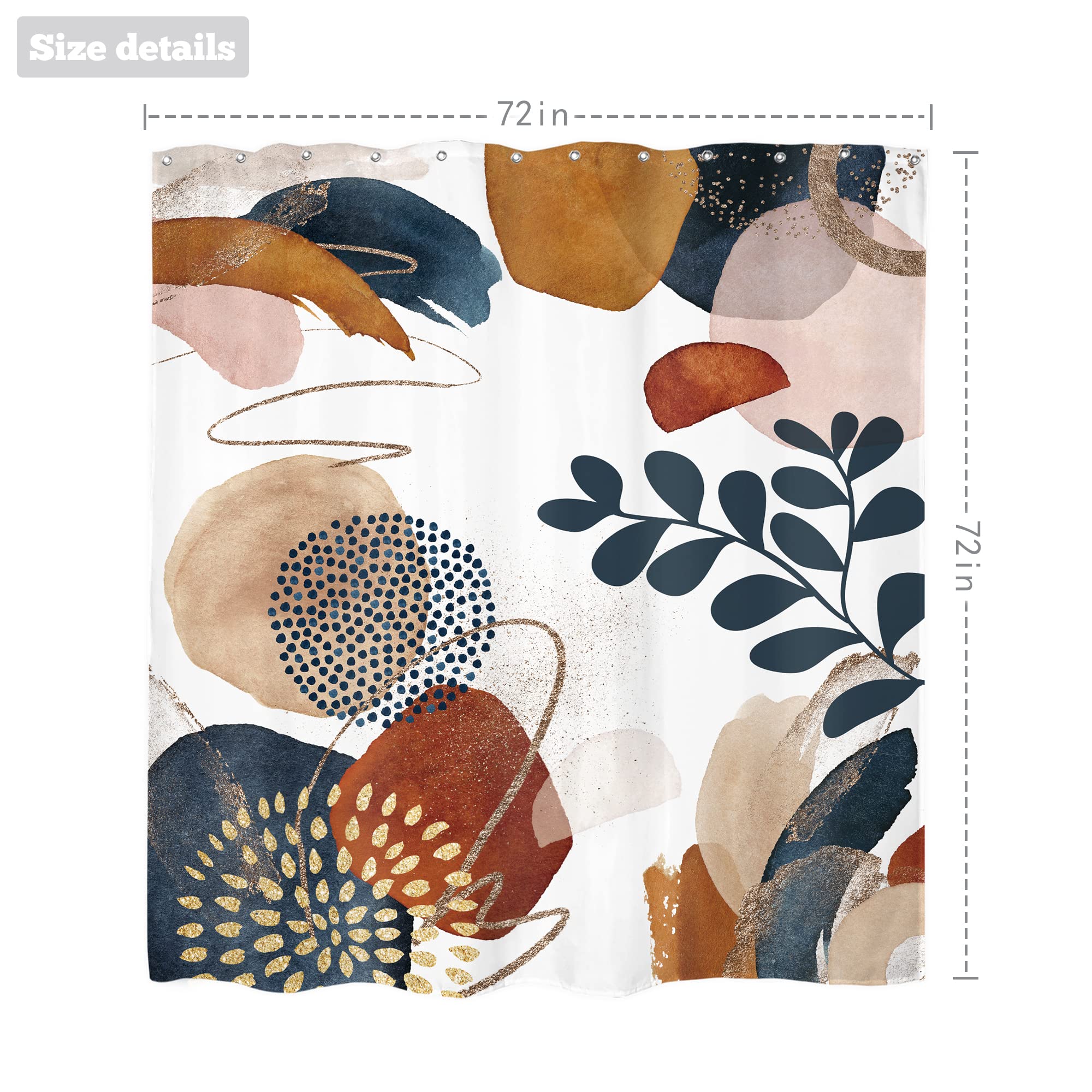 LIGHTINHOME Boho Mid Century Shower Curtain 72Wx72H Inches Abstract Navy Blue Gold Colorful Modern Geometric Leaves Plant Neutral Minimalist Bathroom Home Decor Waterproof Polyester Set with Hooks