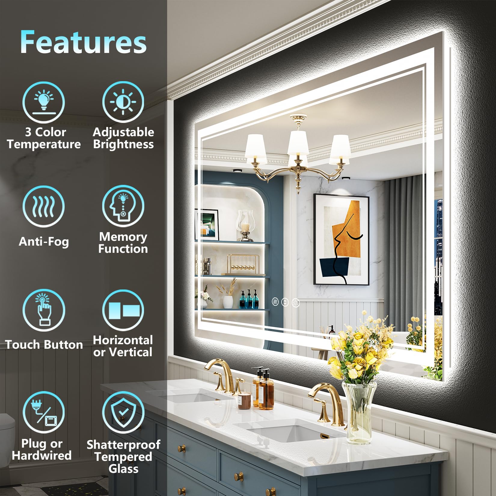 AWANDEE LED Mirror for Bathroom 60x30  Front and Backlit Bathroom Mirror with Lights  Anti-Fog Lighted Vanity Mirror Wall Mounted with 3 Colors  Dimmable  Memory  Shatter-Proof  Horizontal/Vertical
