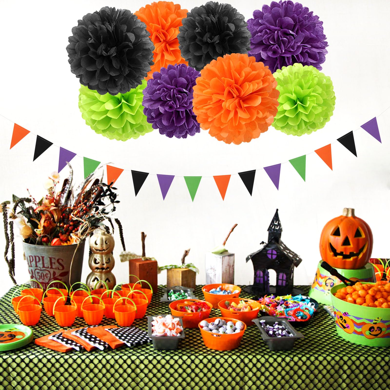 Black-Purple Orange Green Halloween Party-Decorations - 30Pcs Tissue Pom Poms Streamers,Tassel Garland Banner,Birthday Wedding B