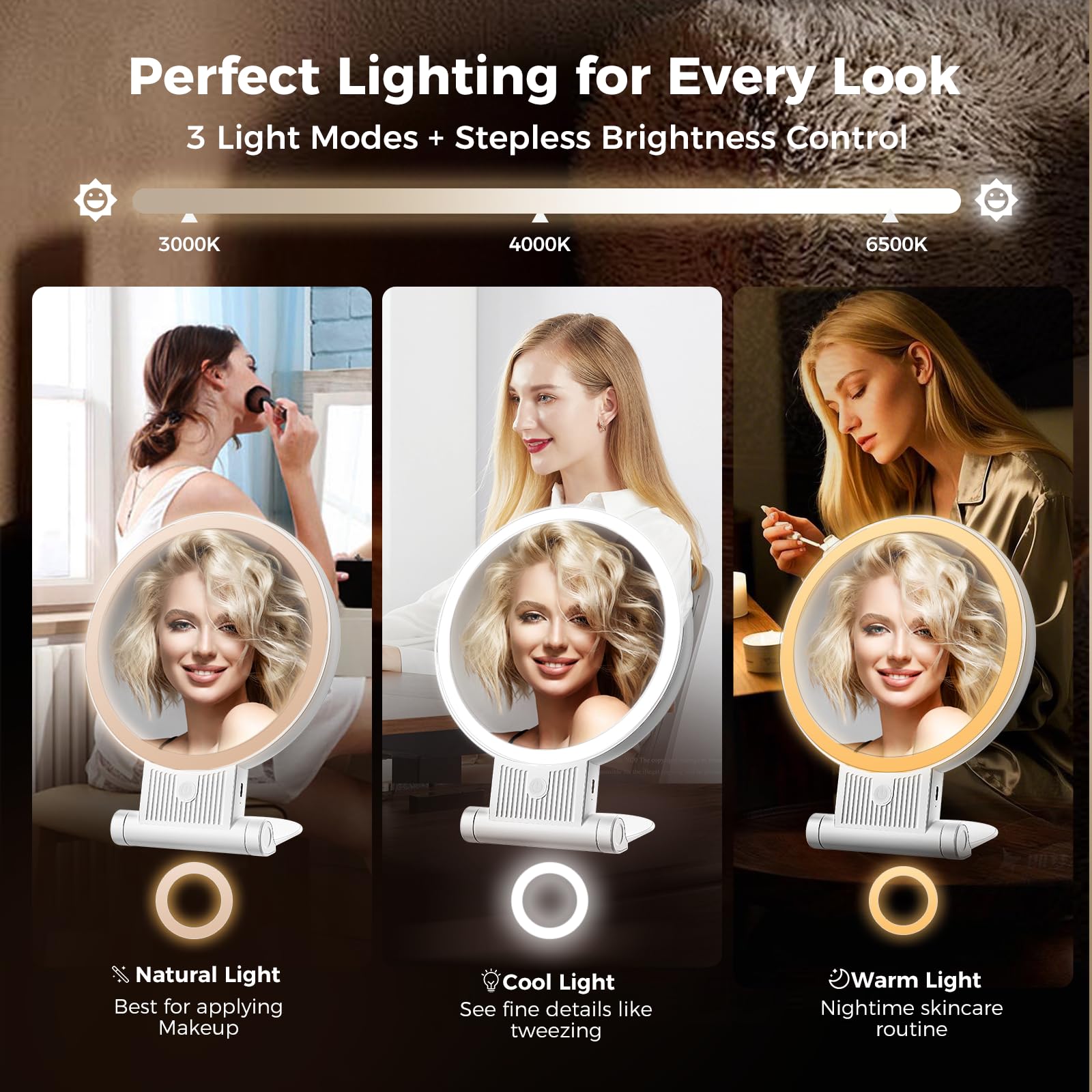 tubbede 1X/30X Lighted Makeup Mirror with Magnification, Double-Sided Switch, 3-Color Lights, 2000mAh Rechargeable, Adjustable B