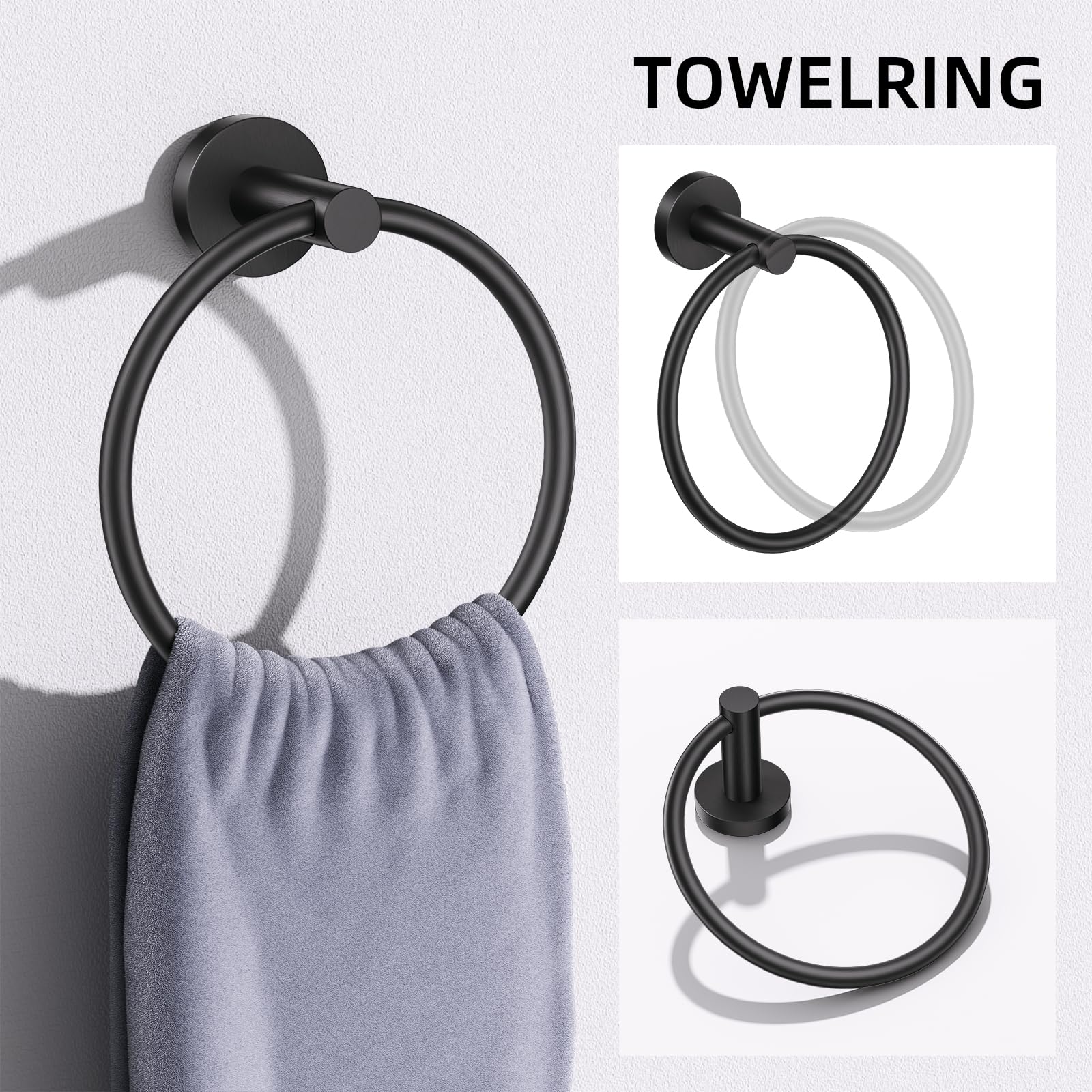 Turs Matte Black 5 Piece Bathroom Hardware Set, Sus304 Stainless Steel Bath Towel Bar Set, Bathroom Towel Rack Set Wall Mounted