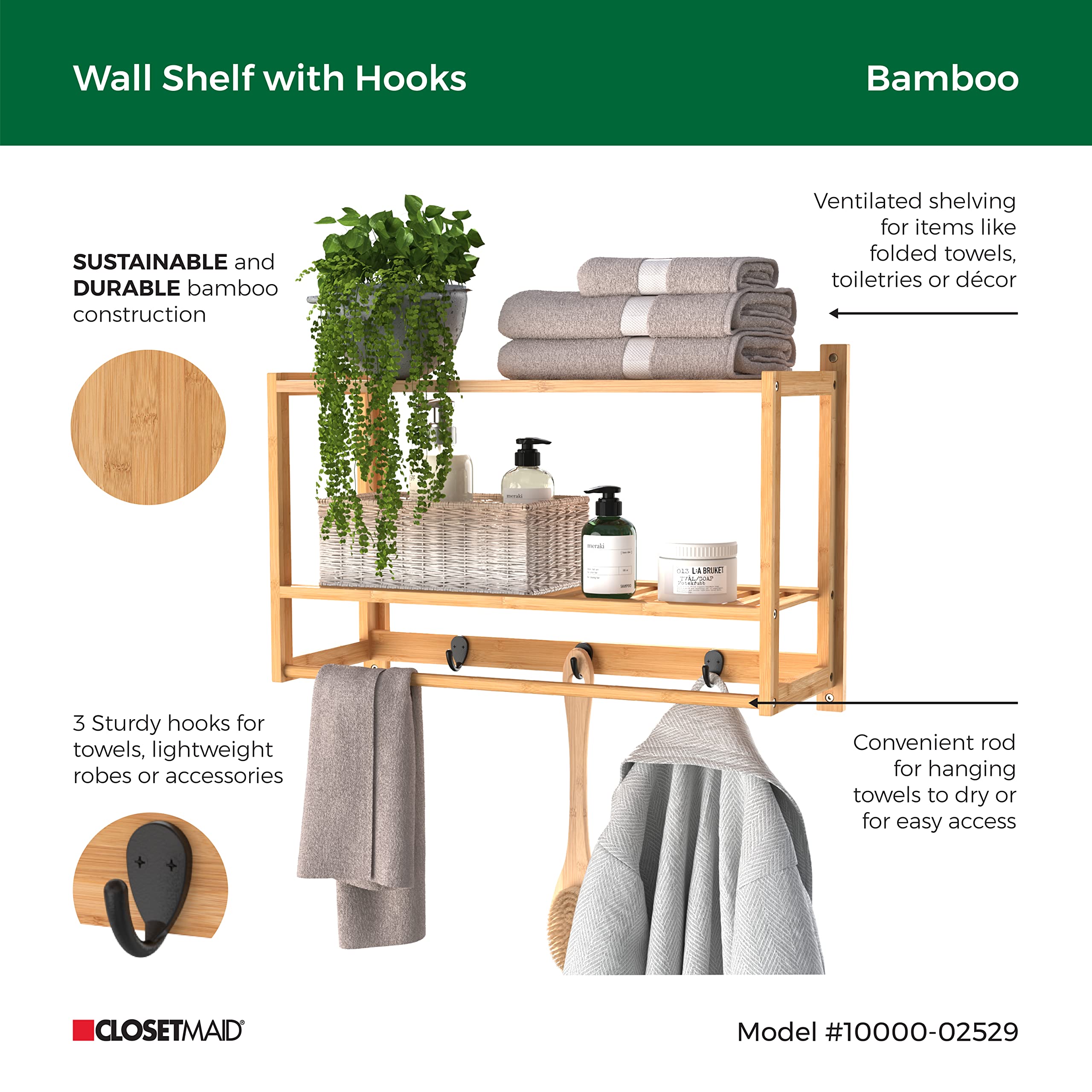 Closetmaid Bamboo Wall Shelf With Towel Bar, 3 Hooks, Wall Mount Storage Shelves, 2 Tier, Organizer Rack, Natural Finish