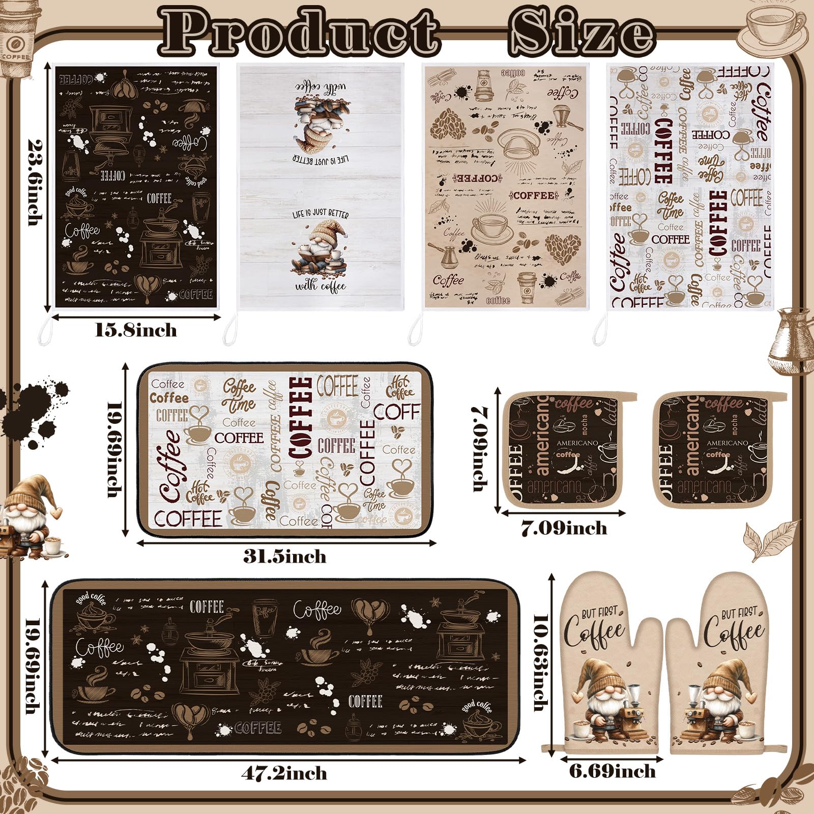 Fourluoo 10 Pcs Coffee Kitchen Decor and Accessories Oven Mitts and Pot Holders Set Coffee Dish Towels Rugs Farmhouse Kitchen De