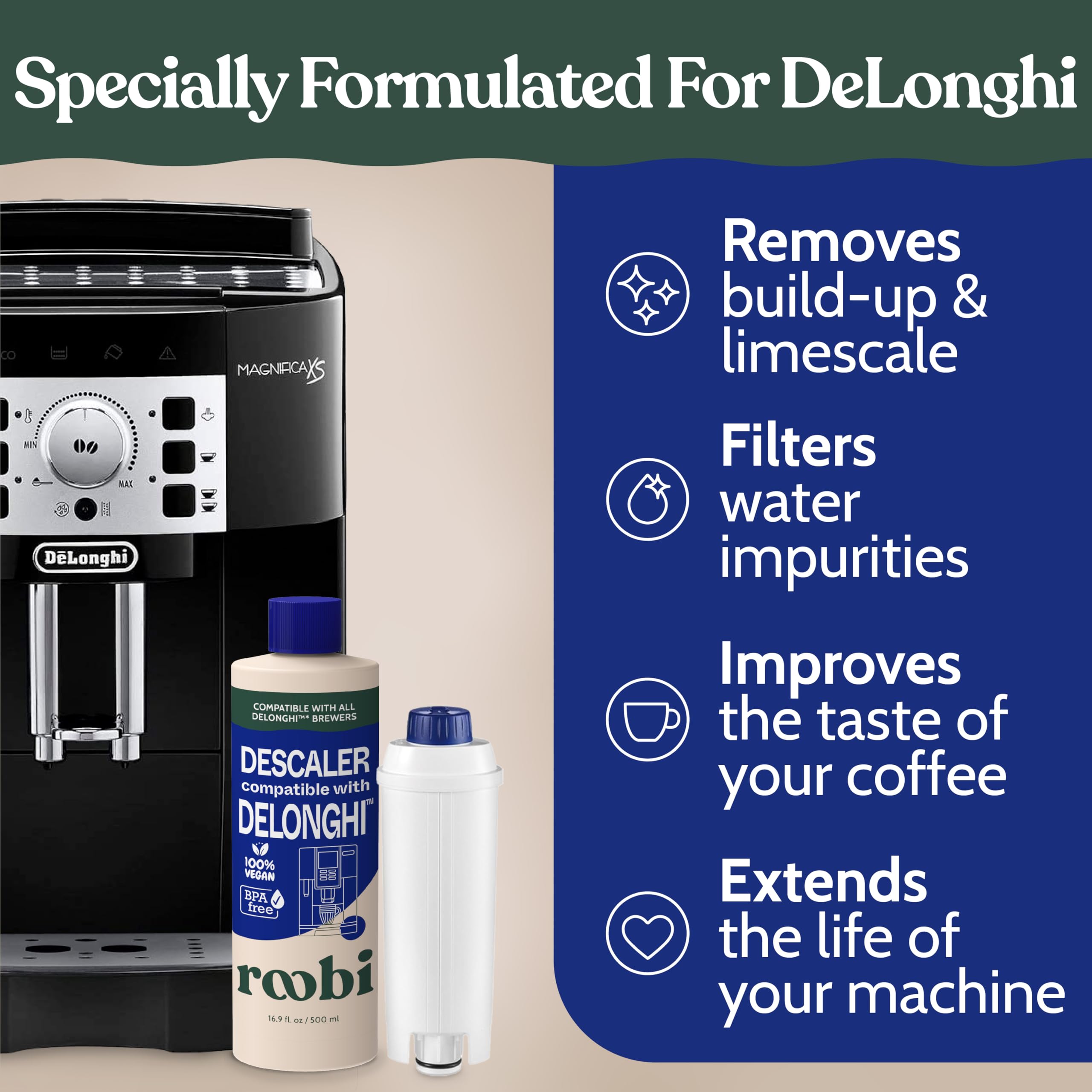Delonghi Compatible Cleaning Descaling Kit. Includes 1 Bottle Of Descaling Solution And 4 Delonghi Filters. Carbon Neutral Delon
