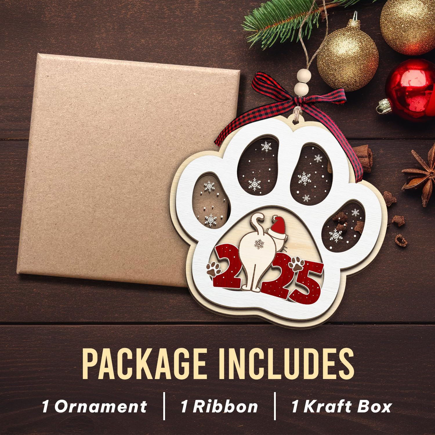 Cat Ornaments 2025 - Acrylic & Wooden Christmas Hanging Ornaments - Cat Lover Gifts for Women, Lady, Crazy, Owner - Kitten Ornam