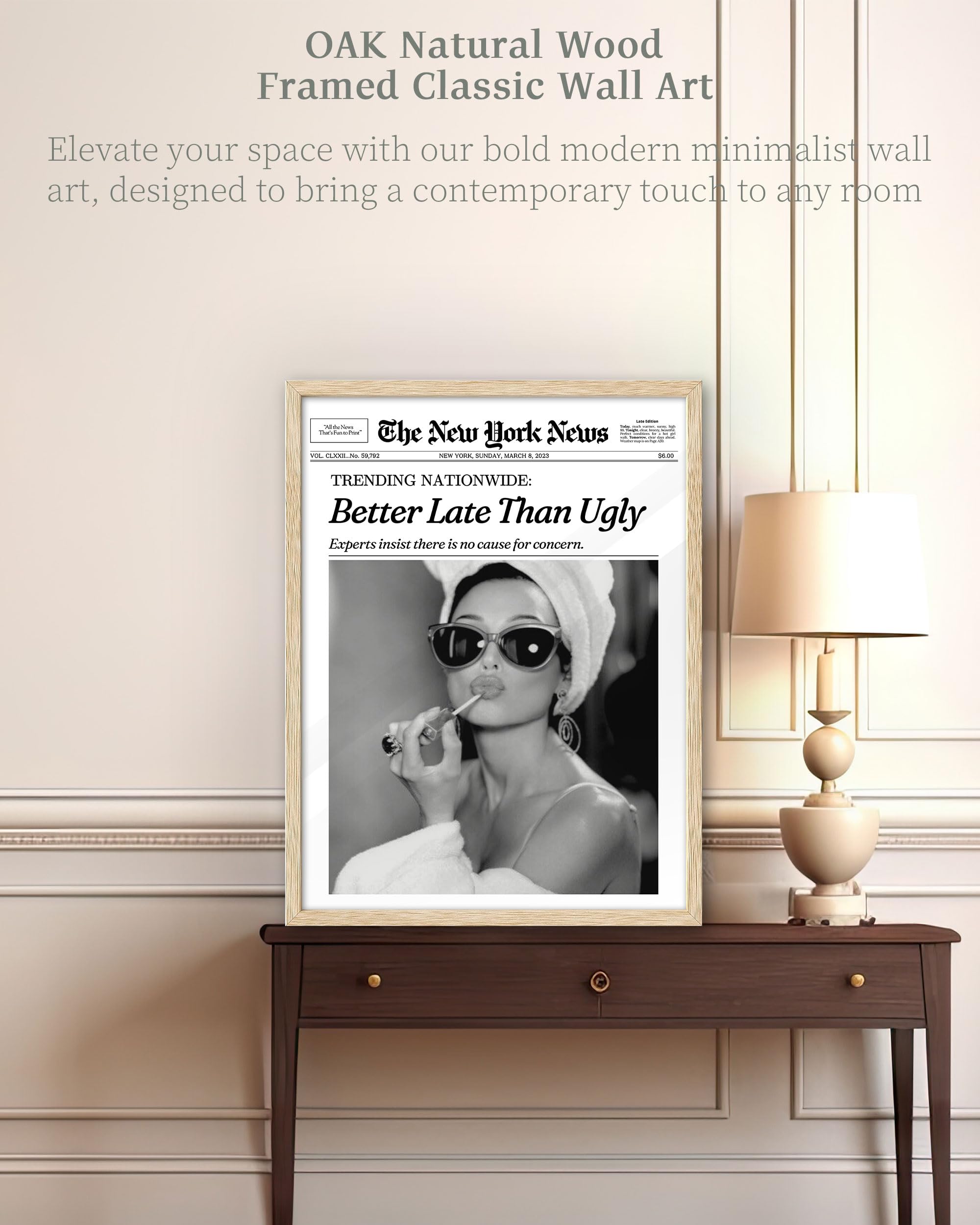 Ihery Natural Oak Wood Hepburn Newspaper Trendy Framed Wall Art, 12X16 In Vintage Headline Canvas Print, Beige Logs Retro Bathro