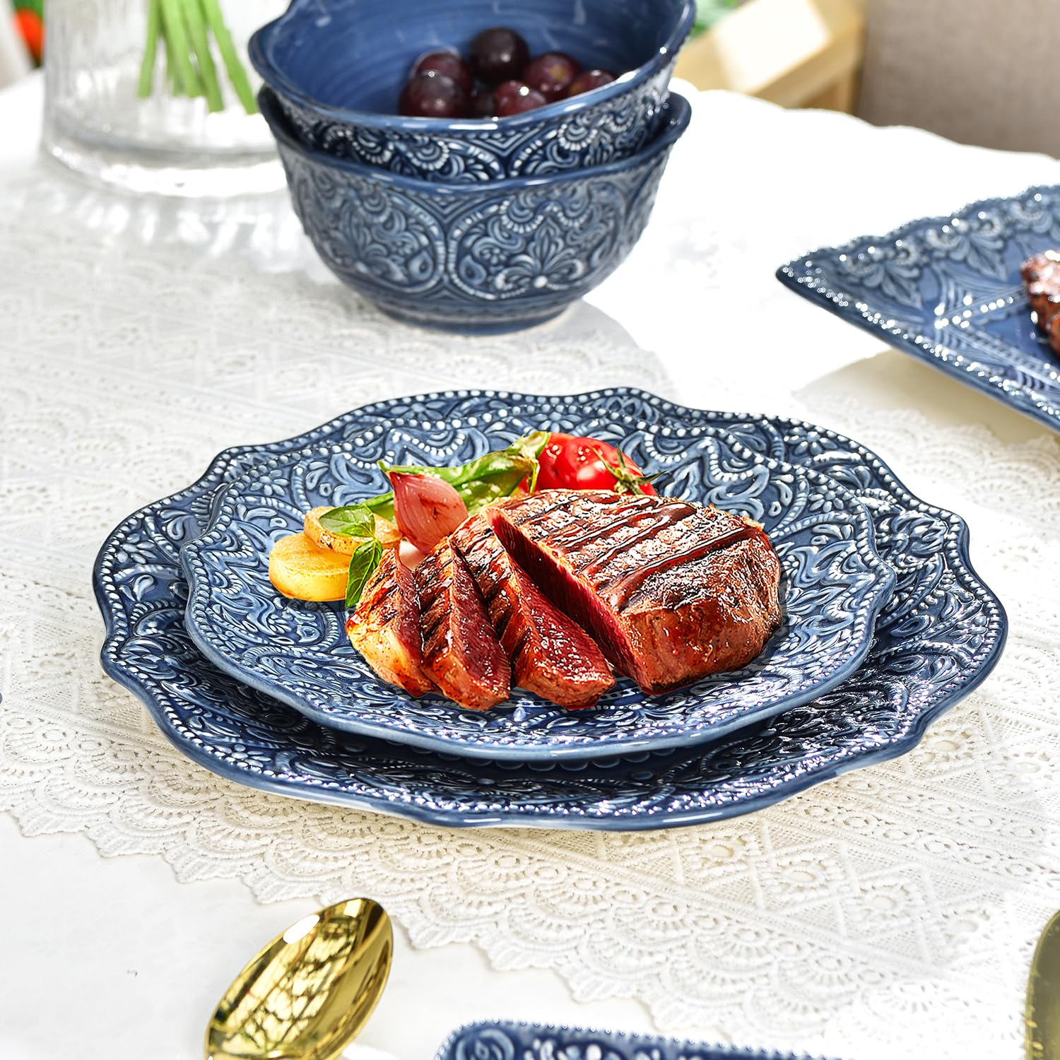 Sungmor Embossed Stoneware Fine Dining Dinnerware, Antique Baroque Style Porcelain Dinner Plates Set of 2 (8.5'' Salad Plate & 1