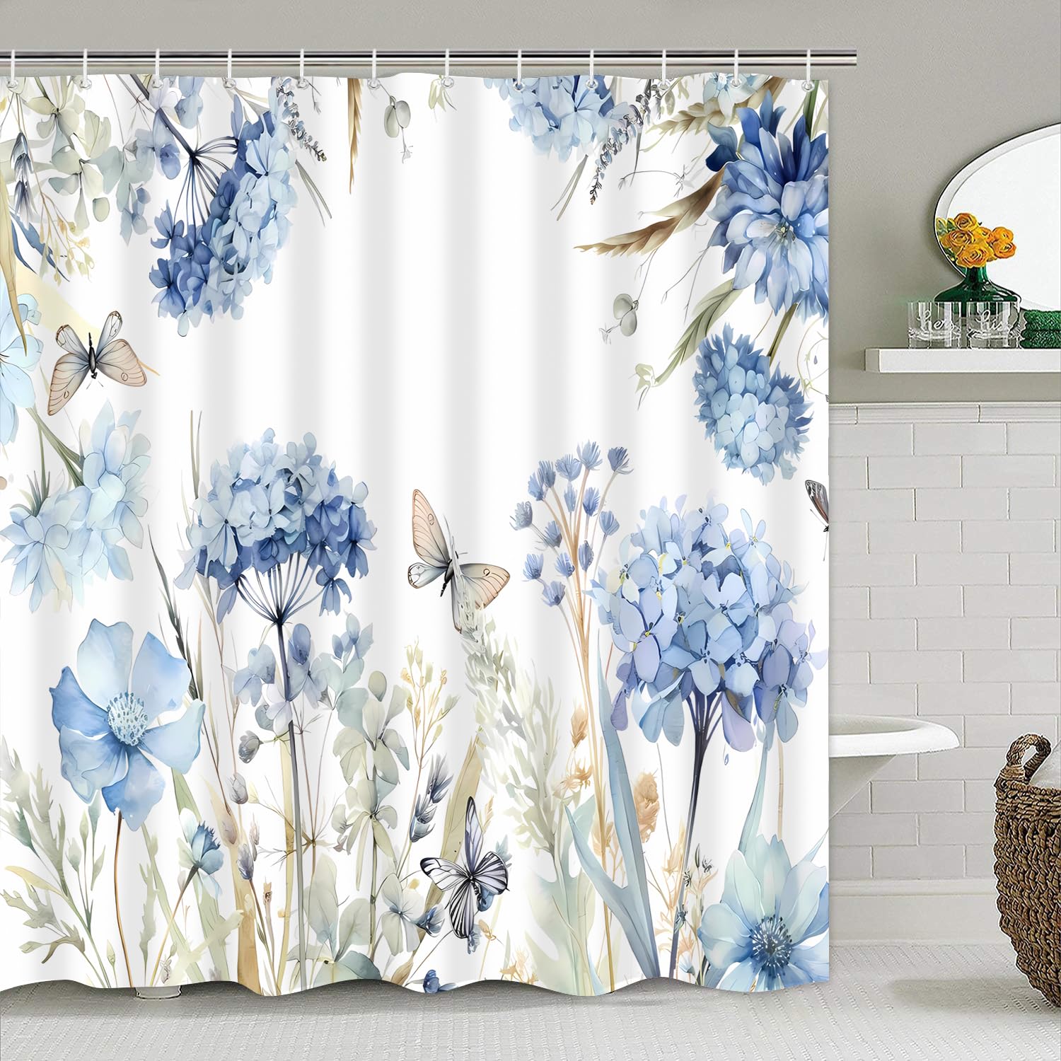 Pretyw 4-Piece Blue Floral Shower Curtain Set Butterfly Flowers Bathroom Set With Shower Curtain And Rugs, Blue White Bath Curta