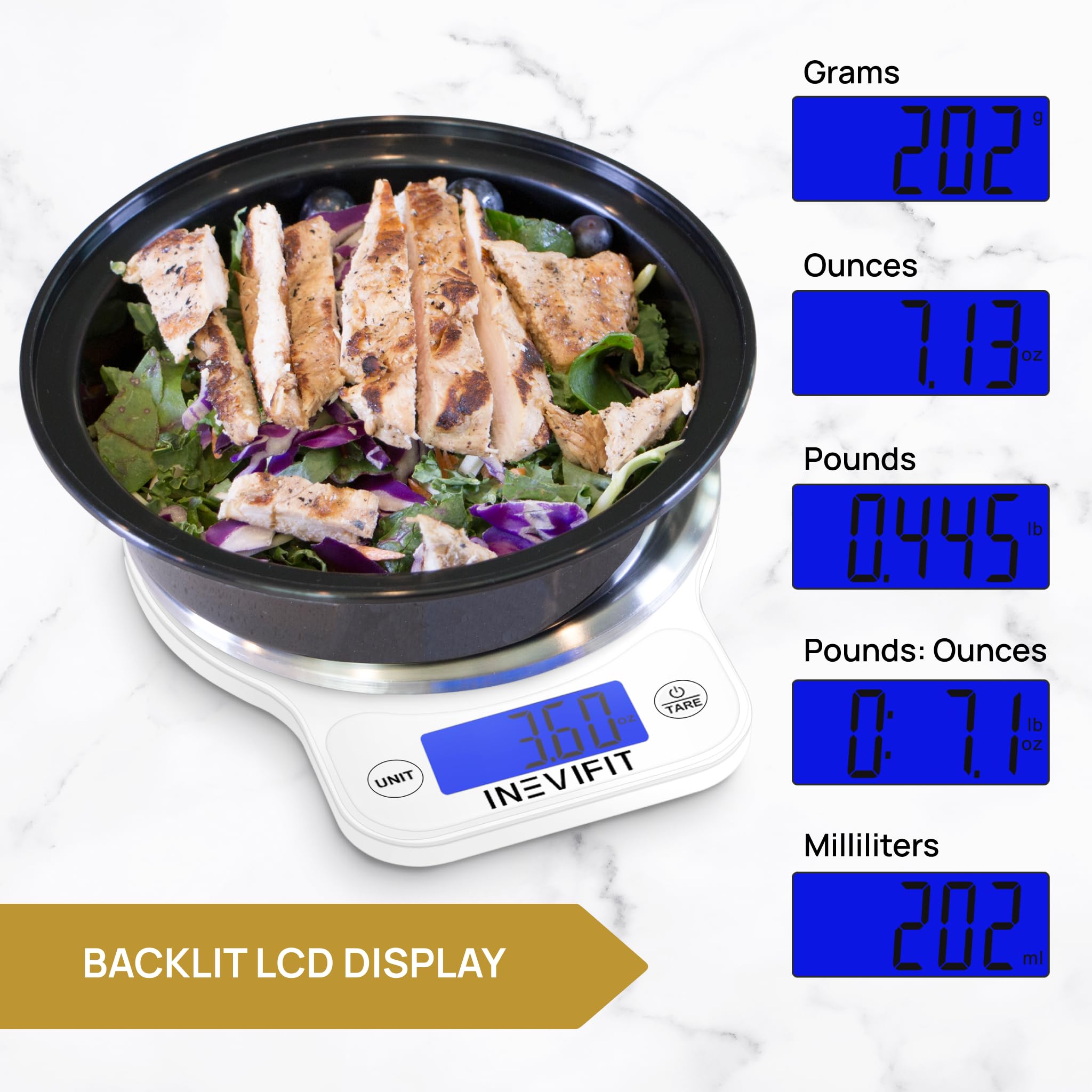 Inevifit Digital Kitchen Scale, Highly Accurate Multifunction Food Scale 13 Lbs 6Kgs Max, Clean Modern White With Premium Stainl