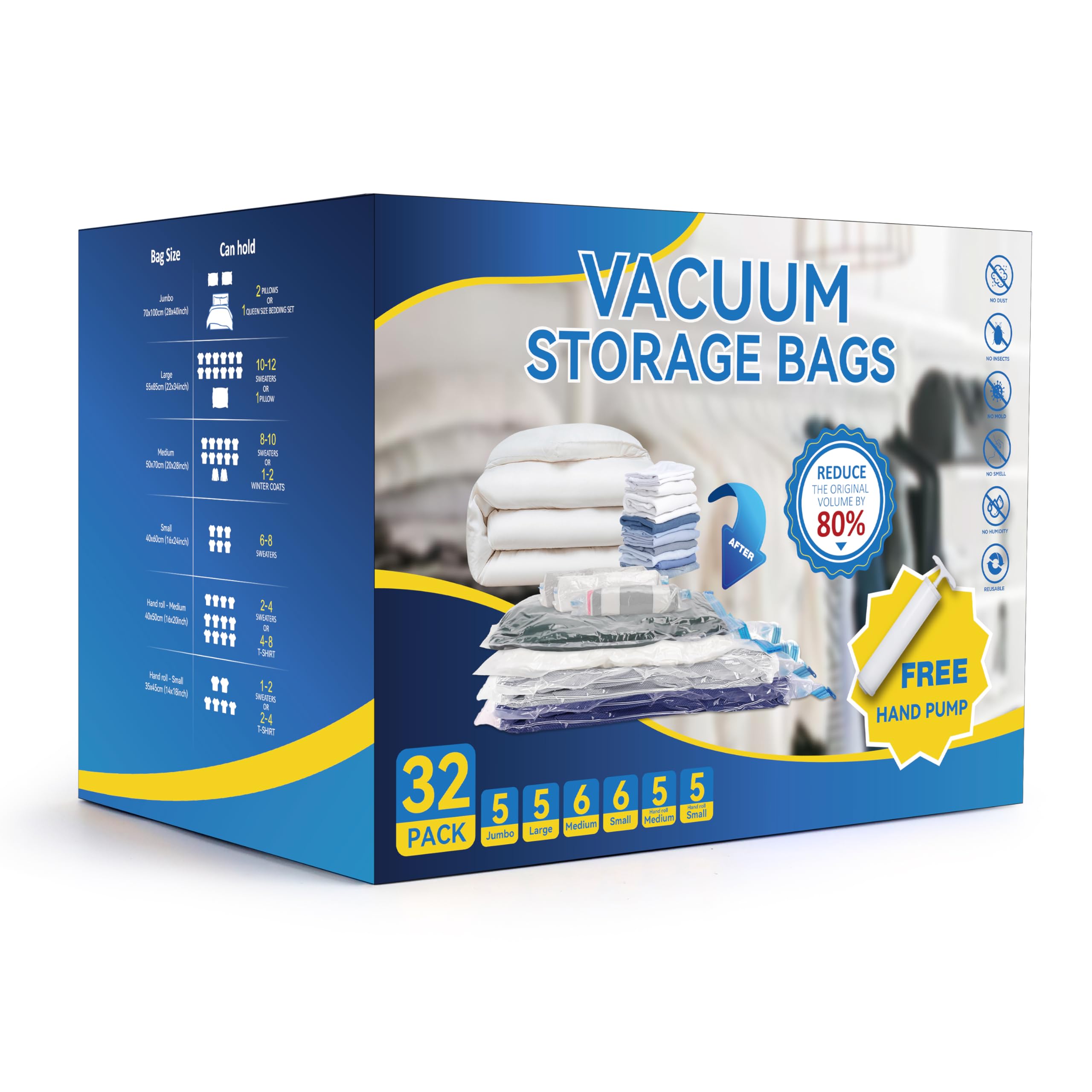 Simple Deluxe 32 Pack Vacuum Storage Bags (5 Jumbo/5 Large/6 Medium/6 Small/5 Roll M/5 Roll S) Space Saver Bags, Vacuum Seal Bag