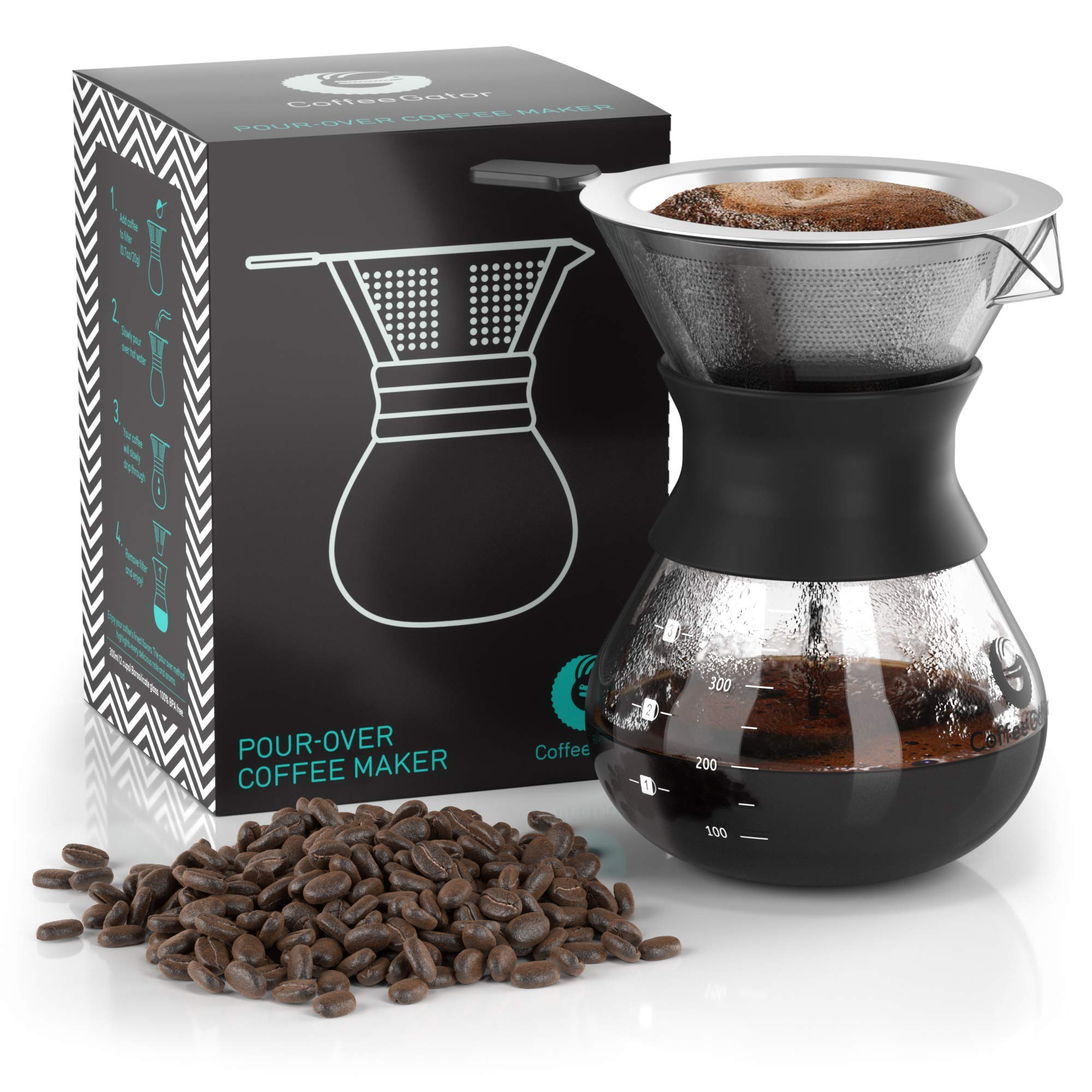 Coffee Gator Pour Over Coffee Maker Portable - 10.5oz High Heat Borosilicate Glass w/Reusable Stainless Steel Filter, Drip Coffe