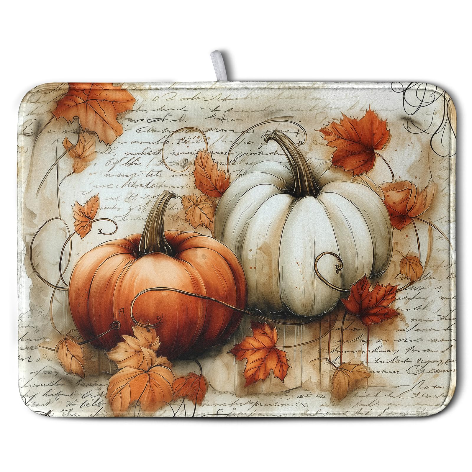 Fall Dish Drying Mat for Kitchen Counter Autumn Thanksgiving Orange White Pumpkin Drying Mats Vintage Maple Leaves Holiday Dish 