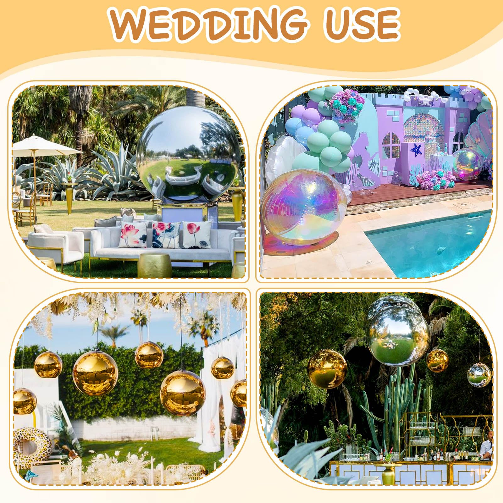 VEBESYET Gold Inflatable Mirror Ball 1m Reusable Large Event Decoration Balloon PVC Bubble Balloon for Party, Wedding, Decor (1