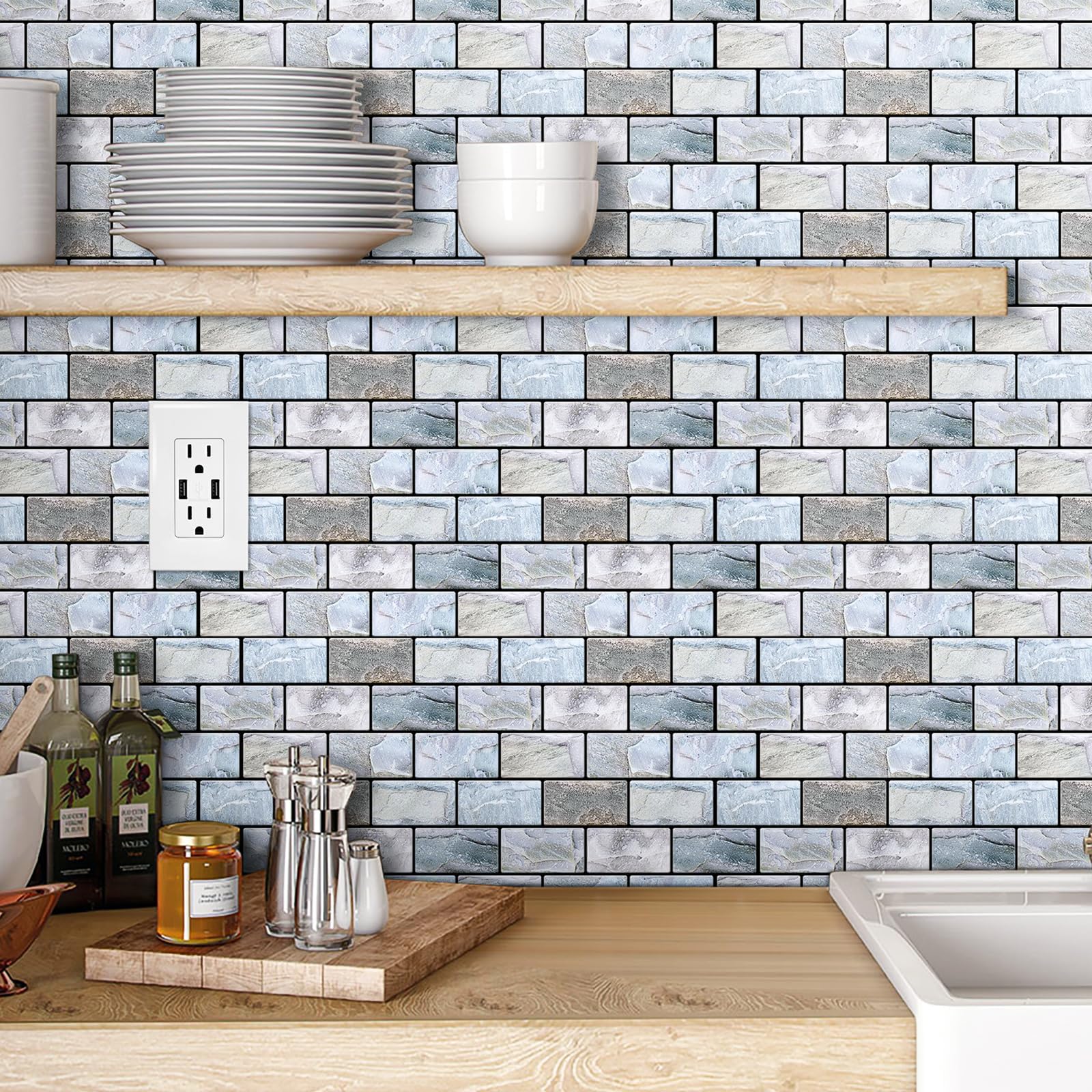 VANCORE 3D Vinyl Peel and Stick Backsplash - 10 Sheets Blue Waterproof Wallpaper with Marble Texture for Kitchen and Bathroom
