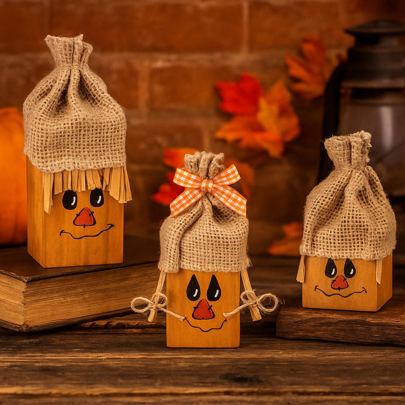 Colingmill 3 Pcs Thanksgiving Scarecrow Decorations Rustic Farmhouse Scarecrow Faces Wood Table Crafts Decor for Thanksgiving Ha