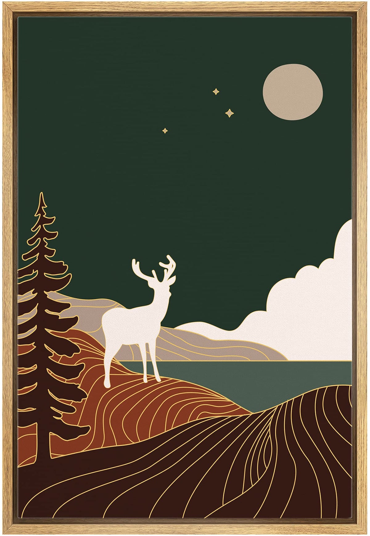 Idea4Wall Framed Canvas Print Wall Art Deer In The Golden Green Night Forest Animals Wildlife Illustrations Modern Art Farmhouse