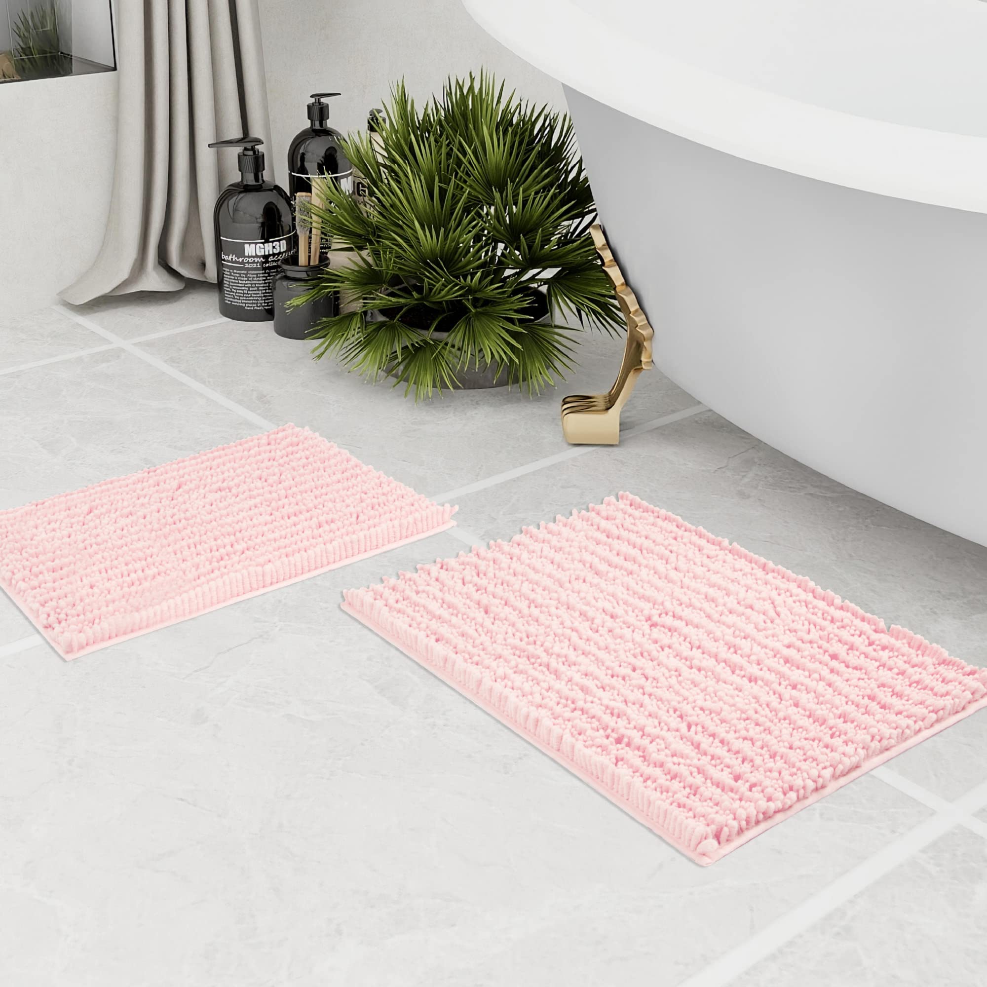 Walensee Bathroom Rug 2 Pieces Set Non Slip Bath Mat (17X24 Plus 20X32 Inch Blush) Water Absorbent Super Soft Shaggy Chenille Ma