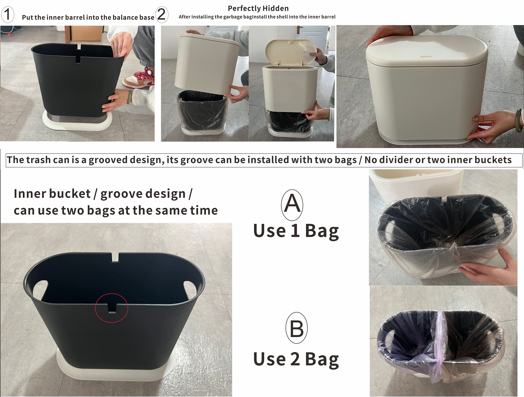 Pengke Slim Plastic Trash Can,2.7 Gallon Garbage Can With Press Top Lid,Black Modern Waste Basket For Bathroom,Living Room,Offic