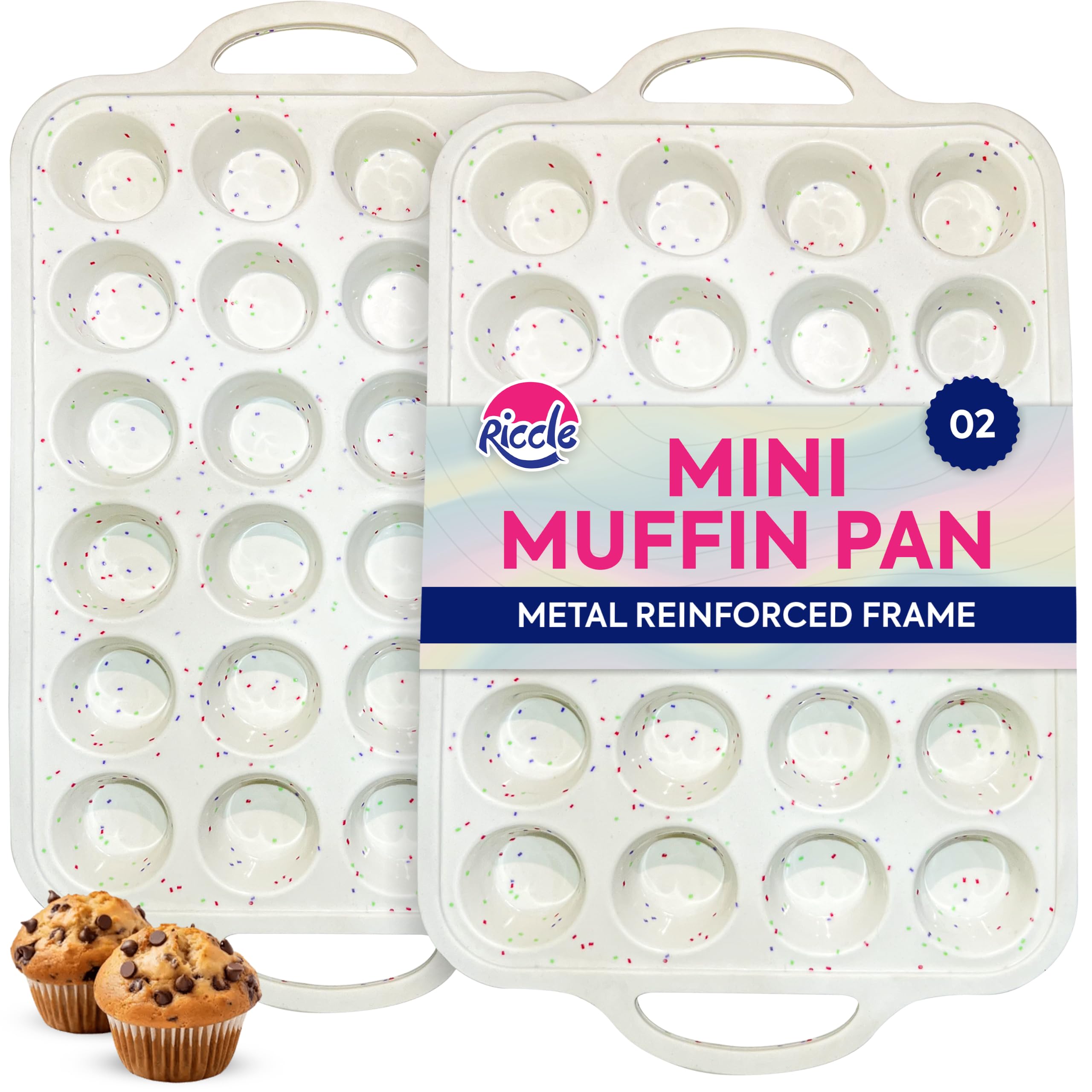 RICCLE 2 Pack Silicone Mini Muffin Pan with Metal Frame, Mini Cupcake Pans