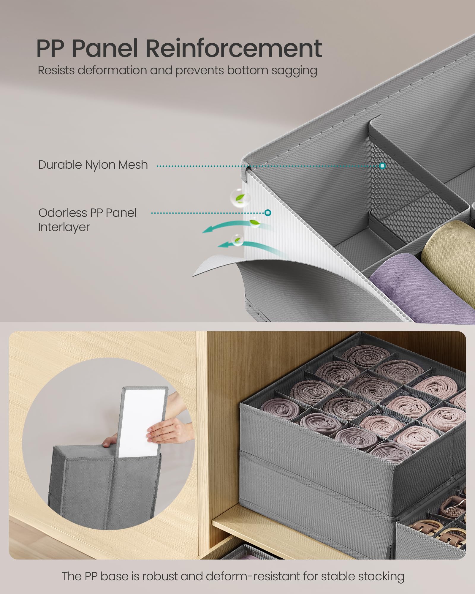 SONGMICS Set of 6 Drawer Organizers, Closet Organizers for Underwear, 120 Cells, Foldable Sock Holders, 11.8 x 11.8 x 3.9 Inches