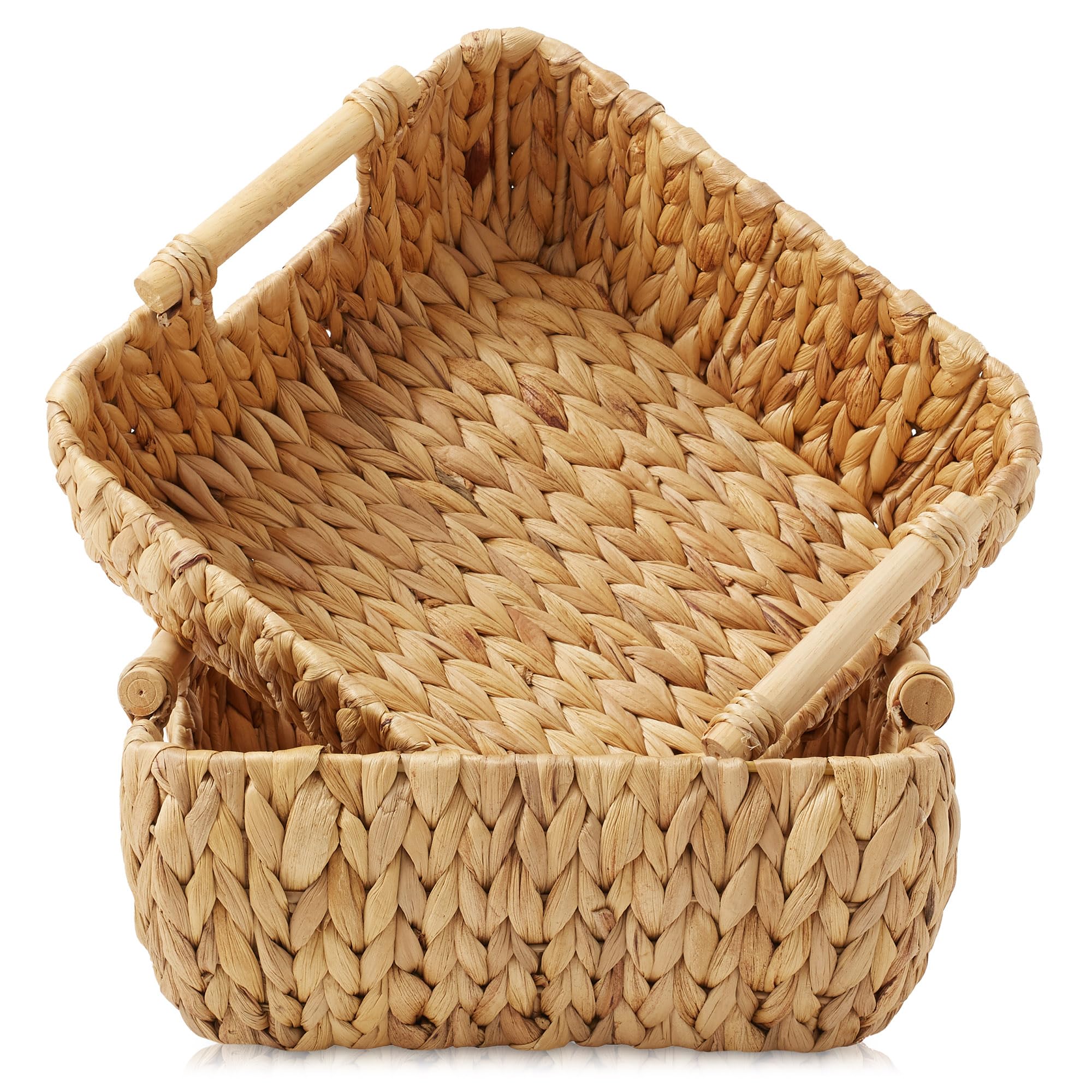 Casafield Set Of 2 Water Hyacinth Oval Storage Baskets With Wooden Handles - Small, Woven Bin Organizers
