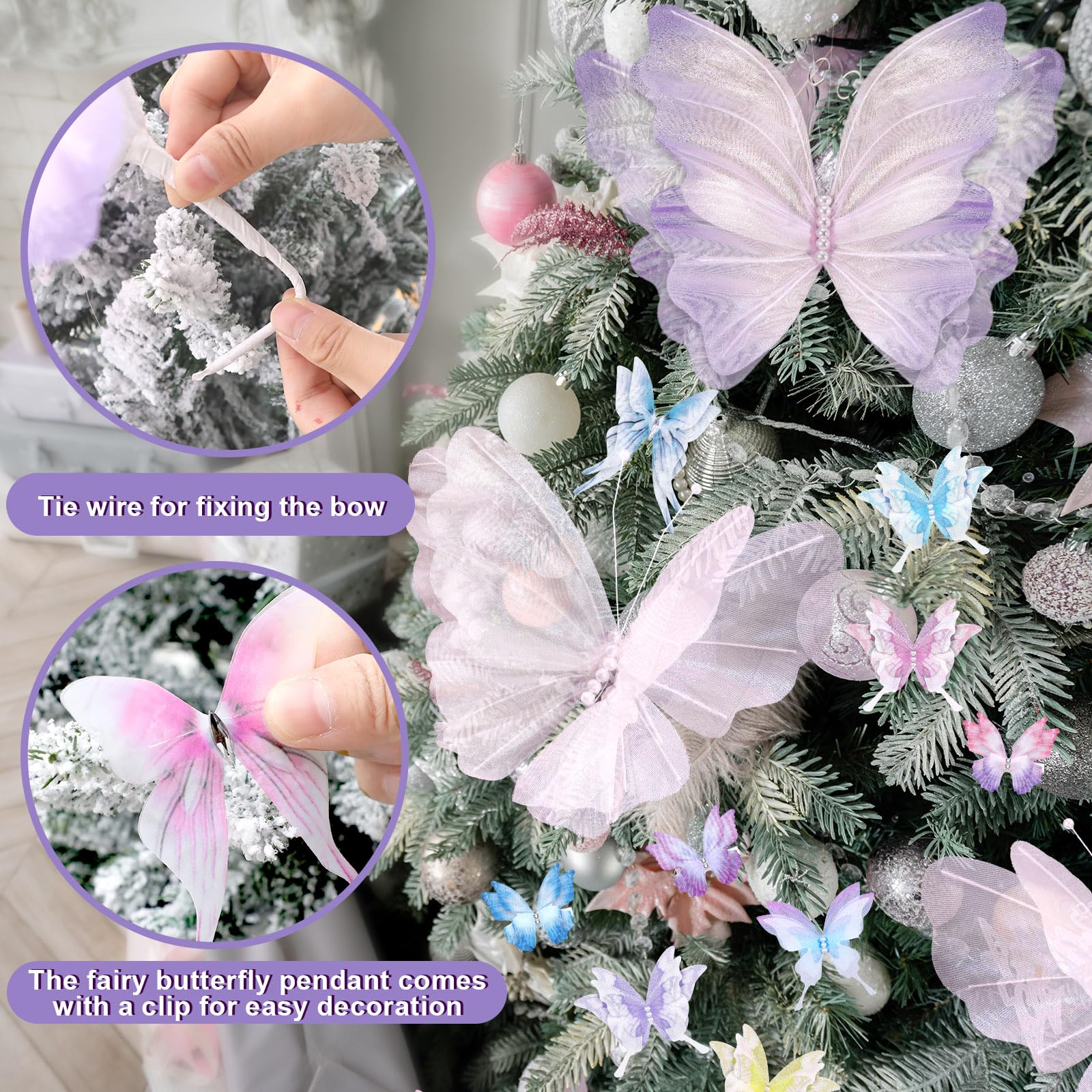 Suncalla 49 Pcs Christmas Tree Butterfly Ornaments Decoration 3D Pink Purple Jumbo Butterfly Tree Topper Girly Fairy Butterflies
