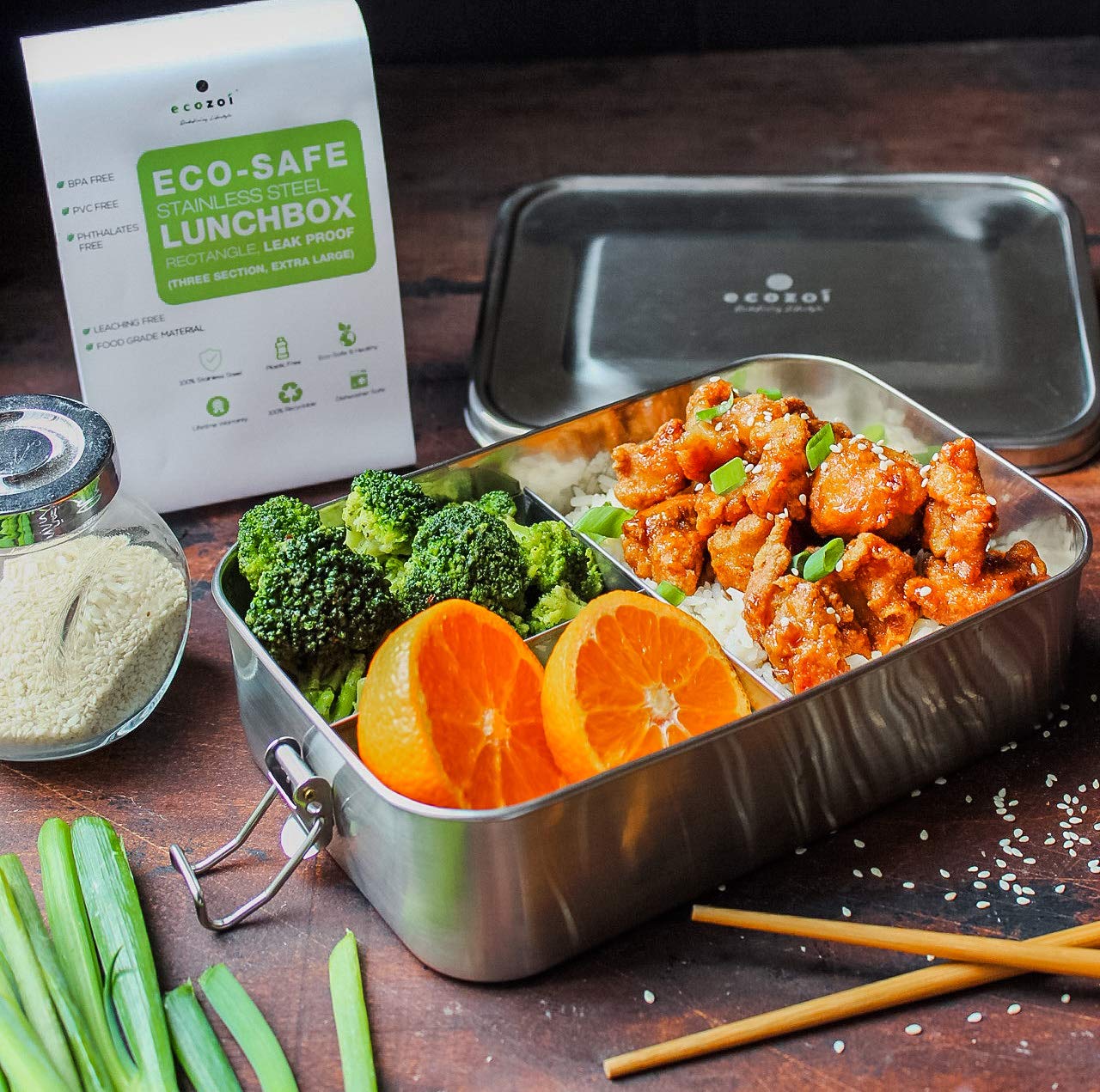Ecozoi Stainless Steel Lunch Box, Leak Proof 3 Compartment, Medium | Redesigned Silicone Seal | Sustainable Zero Waste Eco Frien