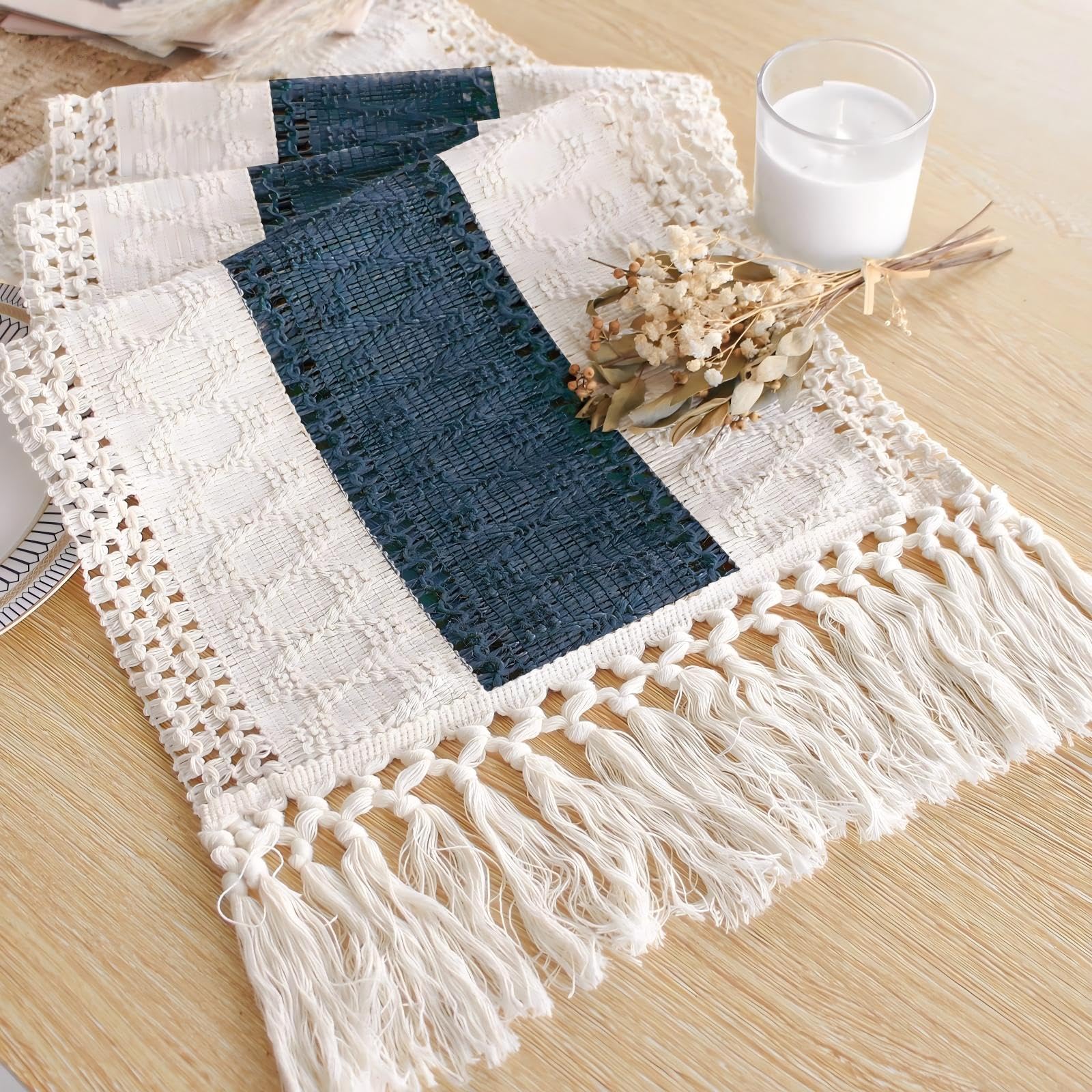 FEXIA Boho Table Runner for Home Decor with Tassels 60 Inches Long,Blue Farmhouse Rustic Table Runner Macrame Burlap Table Decor