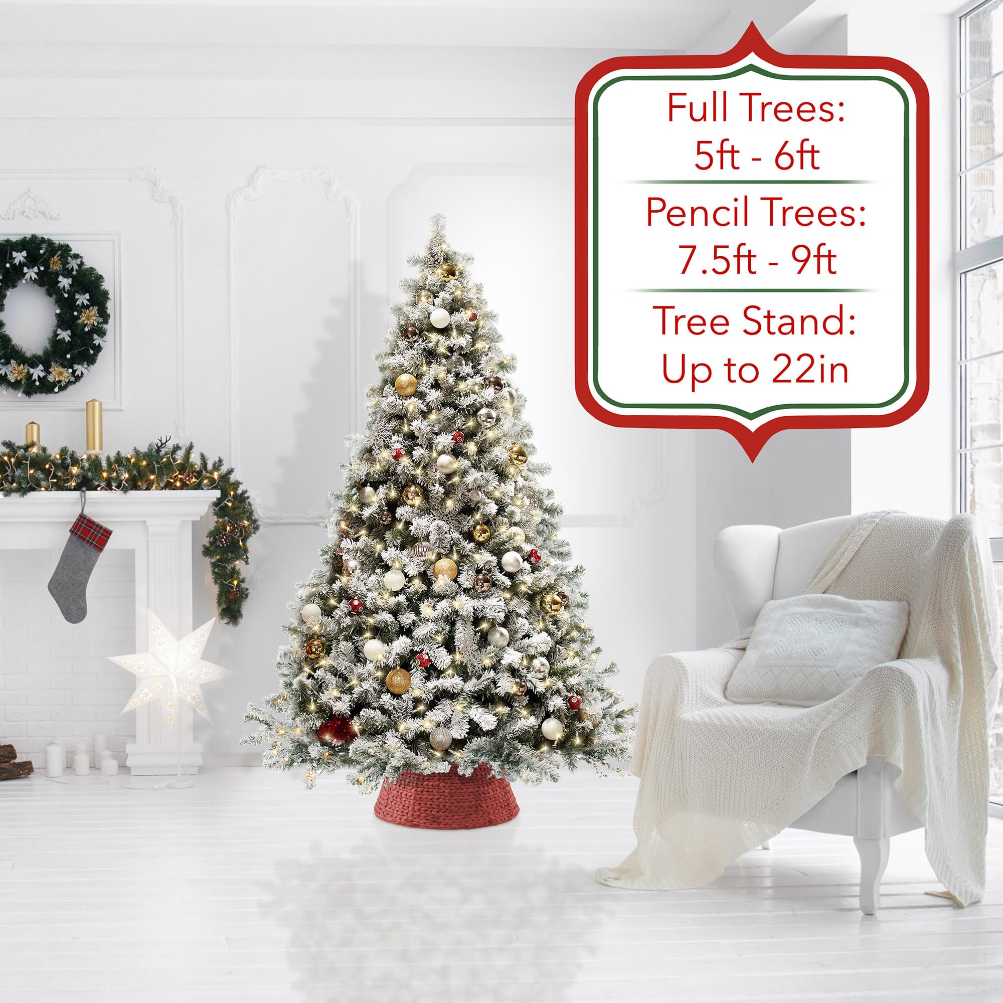 Casafield 24-Inch Christmas Tree Collar, Woven Water Hyacinth Tree Base Cover with Cord Cut Out, Red