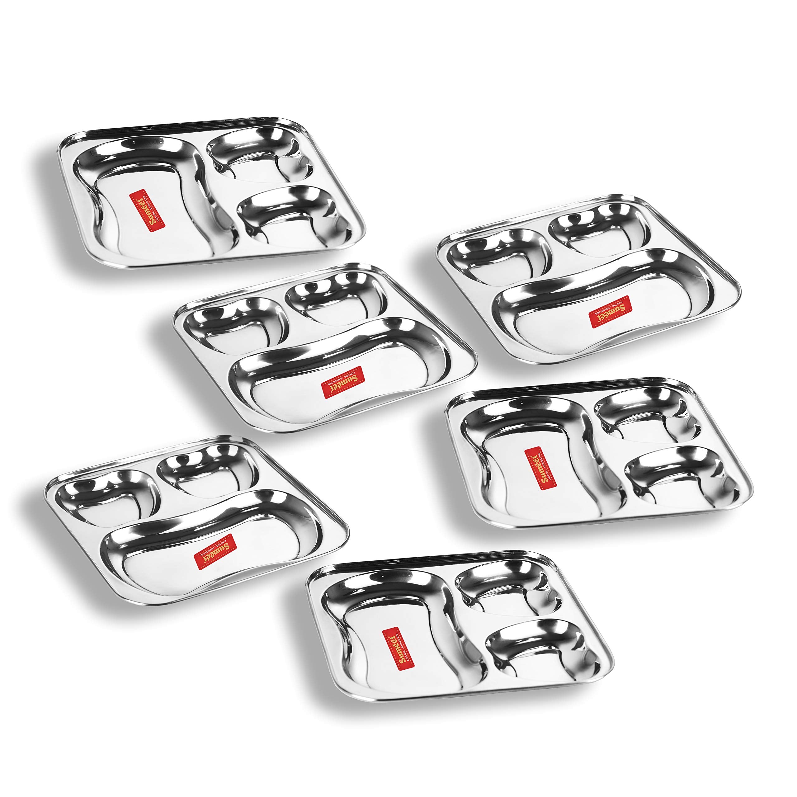 Sumeet Stainless Steel 3 In 1 Pav Bhaji Plate/Compartment Plate 21.5Cm Dia - Set Of 6Pc