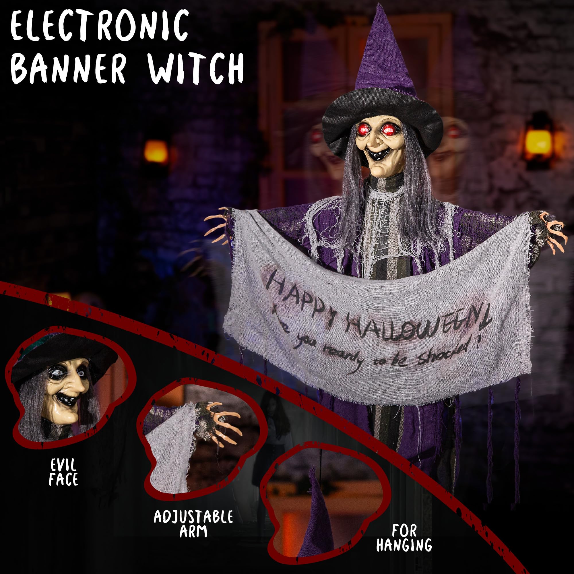 Halloween Animatronics 5ft Hanging Witch, 60inch Floating Animated Witch Decorations with Banner, Sound Activated, Creepy Voice,