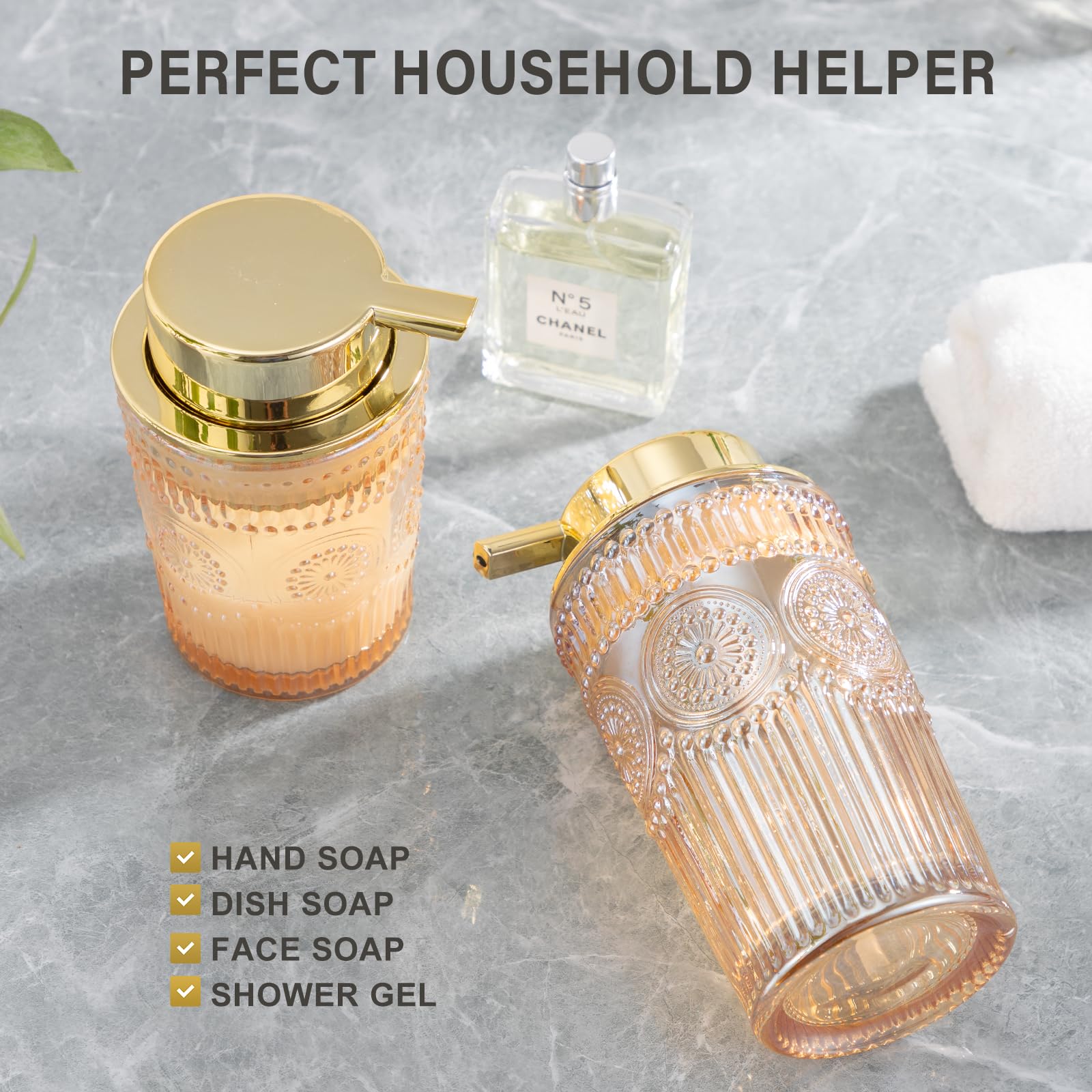 Leicurace Glass Liquid Soap Dispenser, Refillable Liquid Dispenser With Gold Pump, Hand Soap Dispenser For Bathroom Kitchen, Mod
