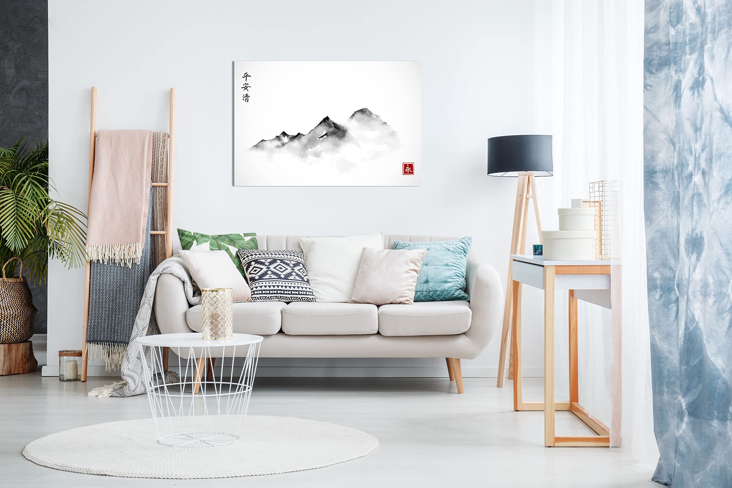 Japanese Water Colour Painting Art Black & White Mountains Canvas Wall Art Picture Print (12X8)
