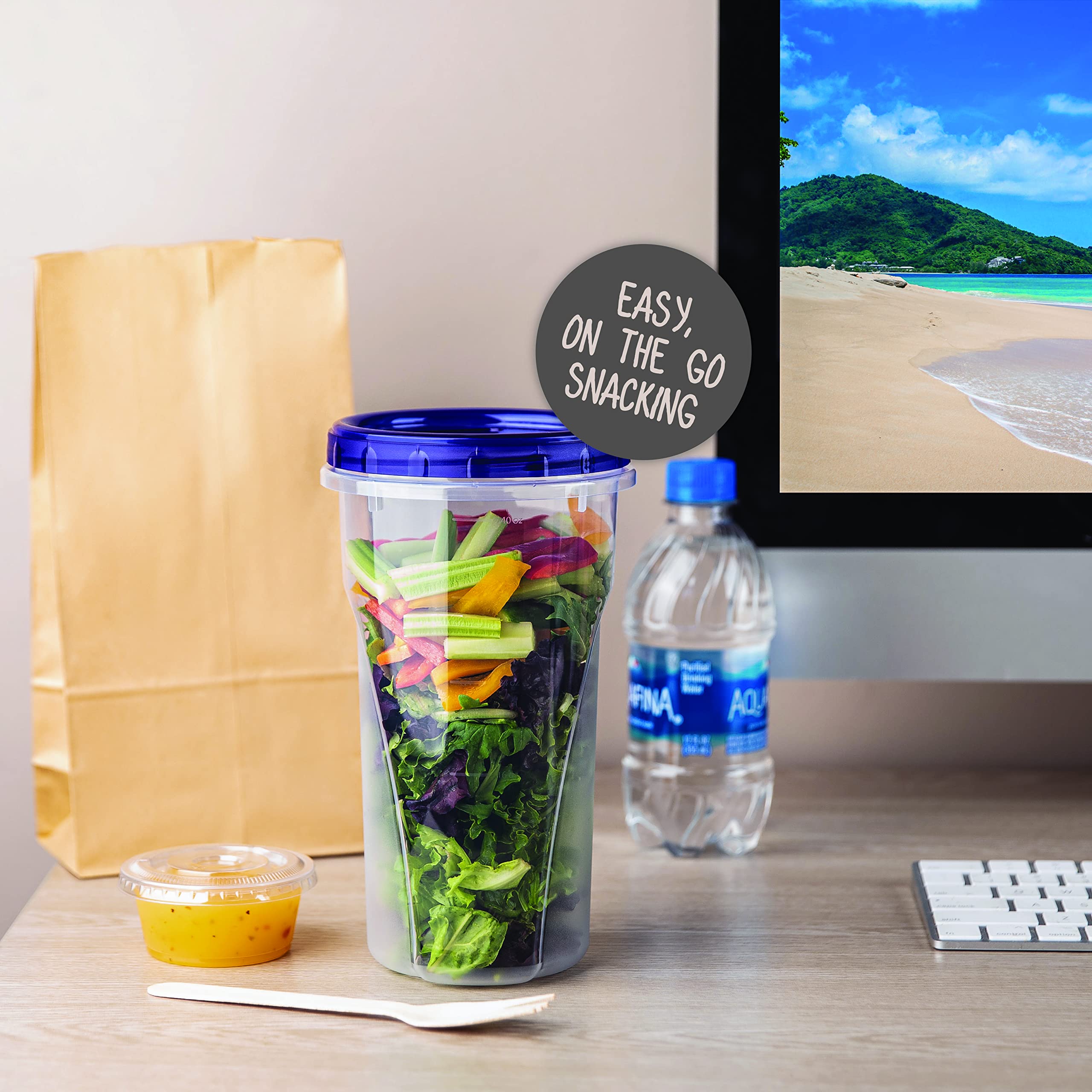 Plasticpro [48 Oz 4 Pack] Twist Top Deli Containers Clear Bottom With Blue Top Twist On Lids Reusable, Stackable, Food Storage F