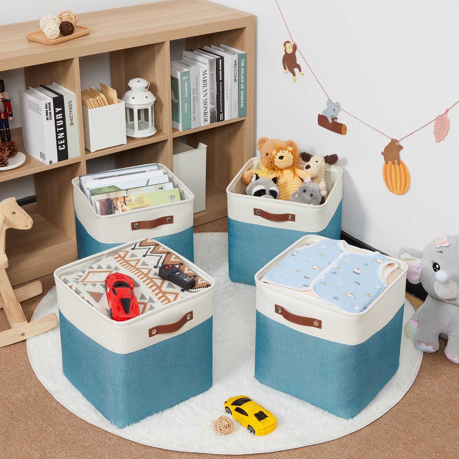 HNZIGE Fabric Storage Cubes Baskets 13 Inch Cube Storage Bins with Handles(4 Pack) Decorative Storage Baskets for Organizing Clothes  Toys  Closet  Nursery (Teal White)