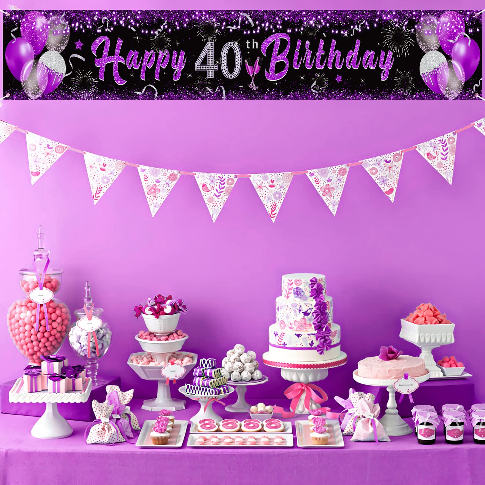 Purple 40Th Birthday Decorations For Women, Black Purple Silver Happy 40Th Birthday Yard Banner Purple 40Th Birthday Yard Sign F