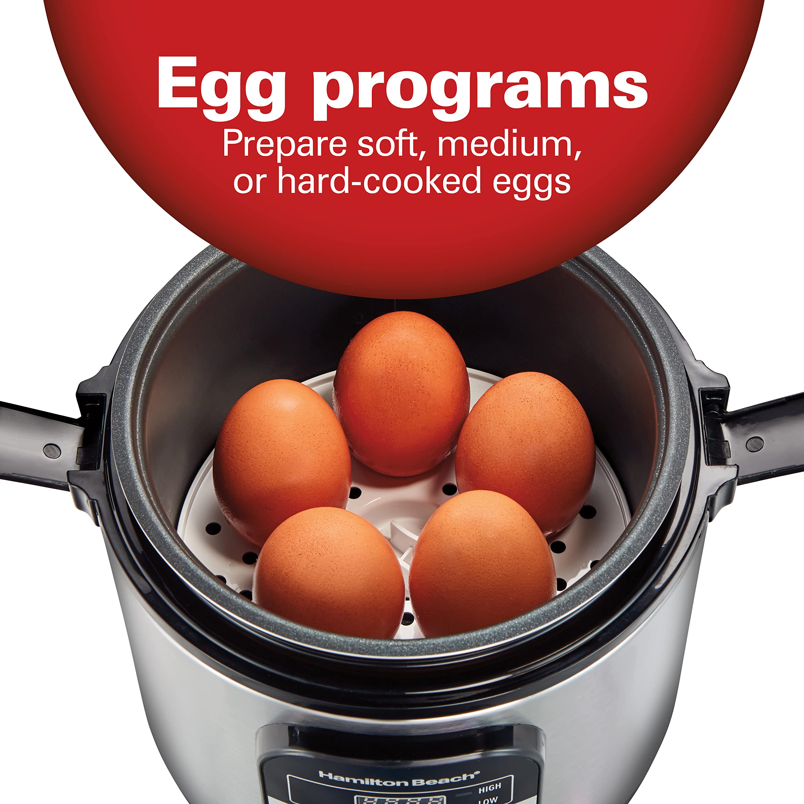 Hamilton Beach Digital Programmable Rice Cooker & Food Steamer, With Slow Hard-Boiled Egg Functions, Egg/Steam Tray, Small & Com