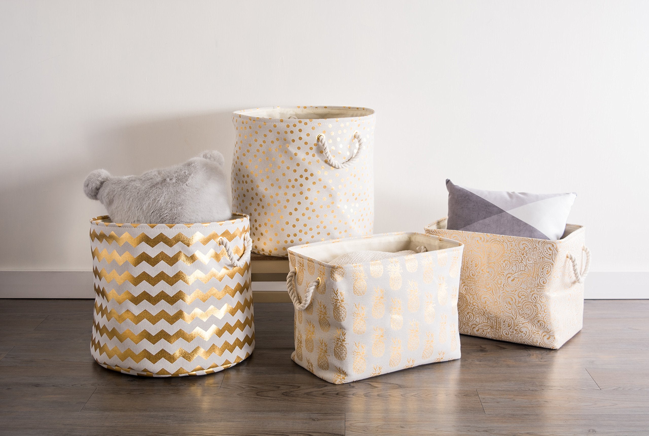 Dii Polyester Storage Bin, Gold Metallic Collection Collapsible With Handles, Medium, Pineapple