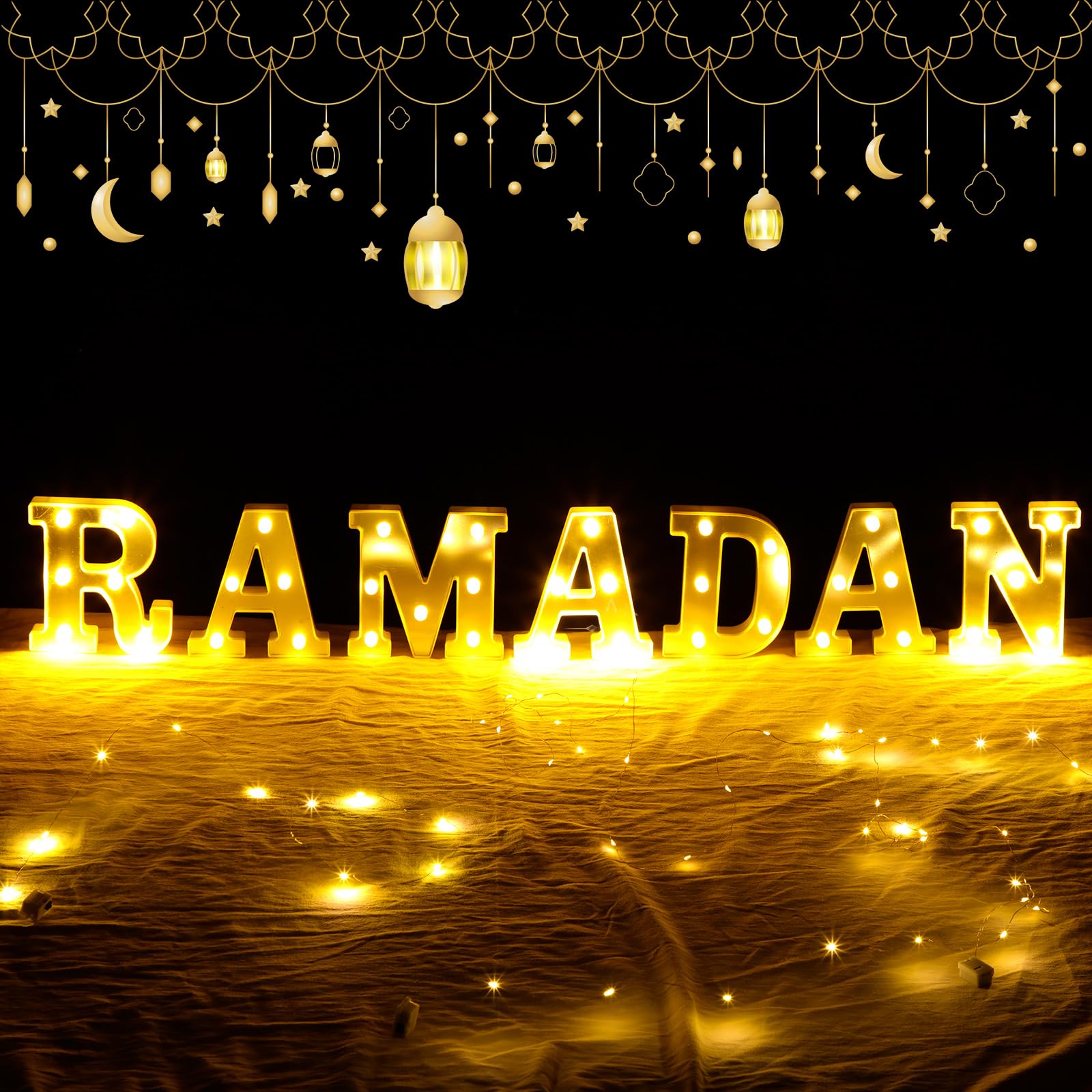 7 Pieces Large Ramadan LED Letter Lights Sign Ramadan Eid LED Marquee Lights Table Decoration for Eid Home Party Gift Tabletop D