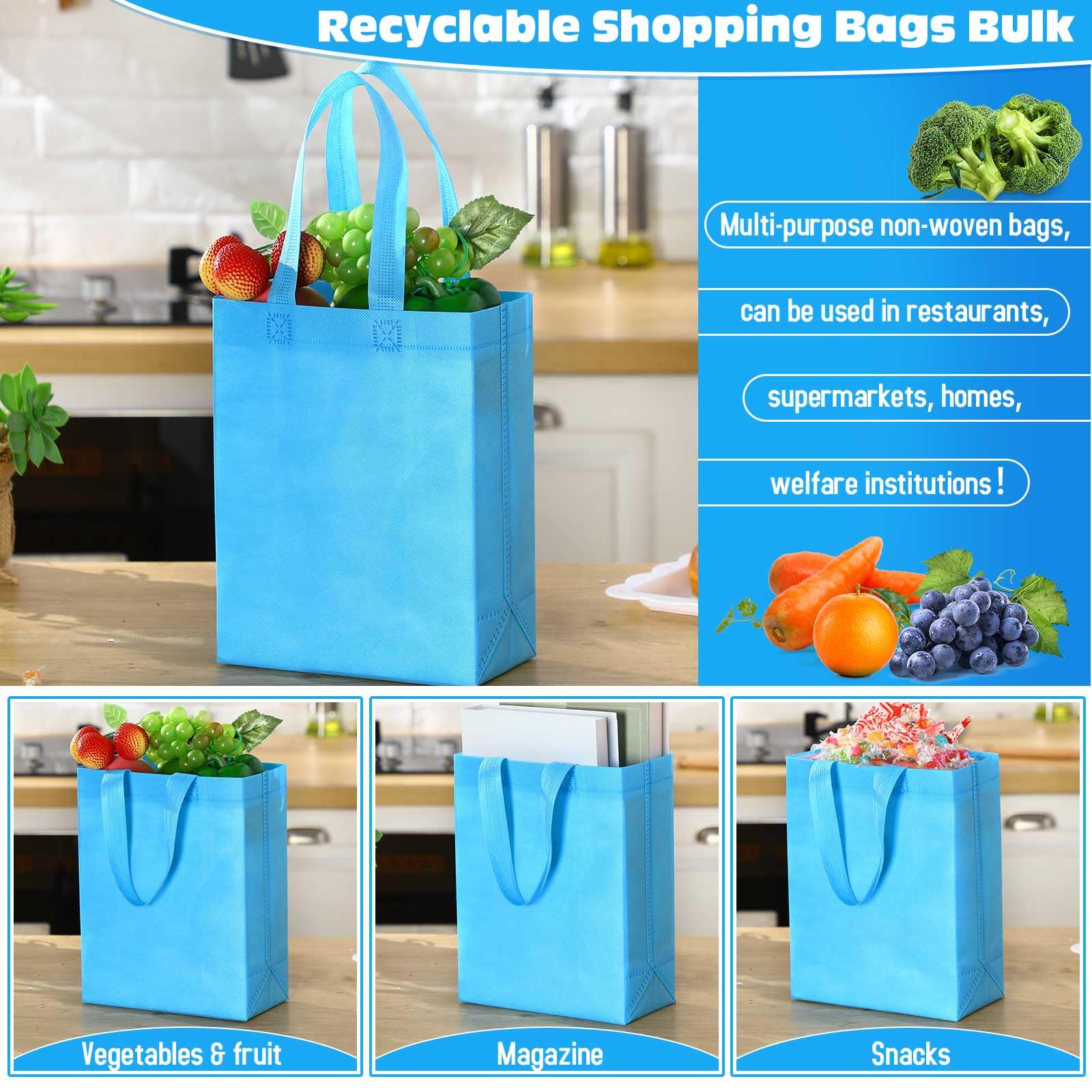 Windyun 50 Pcs Reusable Tote Bag Bulk 8 x 4 x 10 Inch Non Woven Shopping Bag with Handle Christmas Reusable Grocery Gift Tote(Me