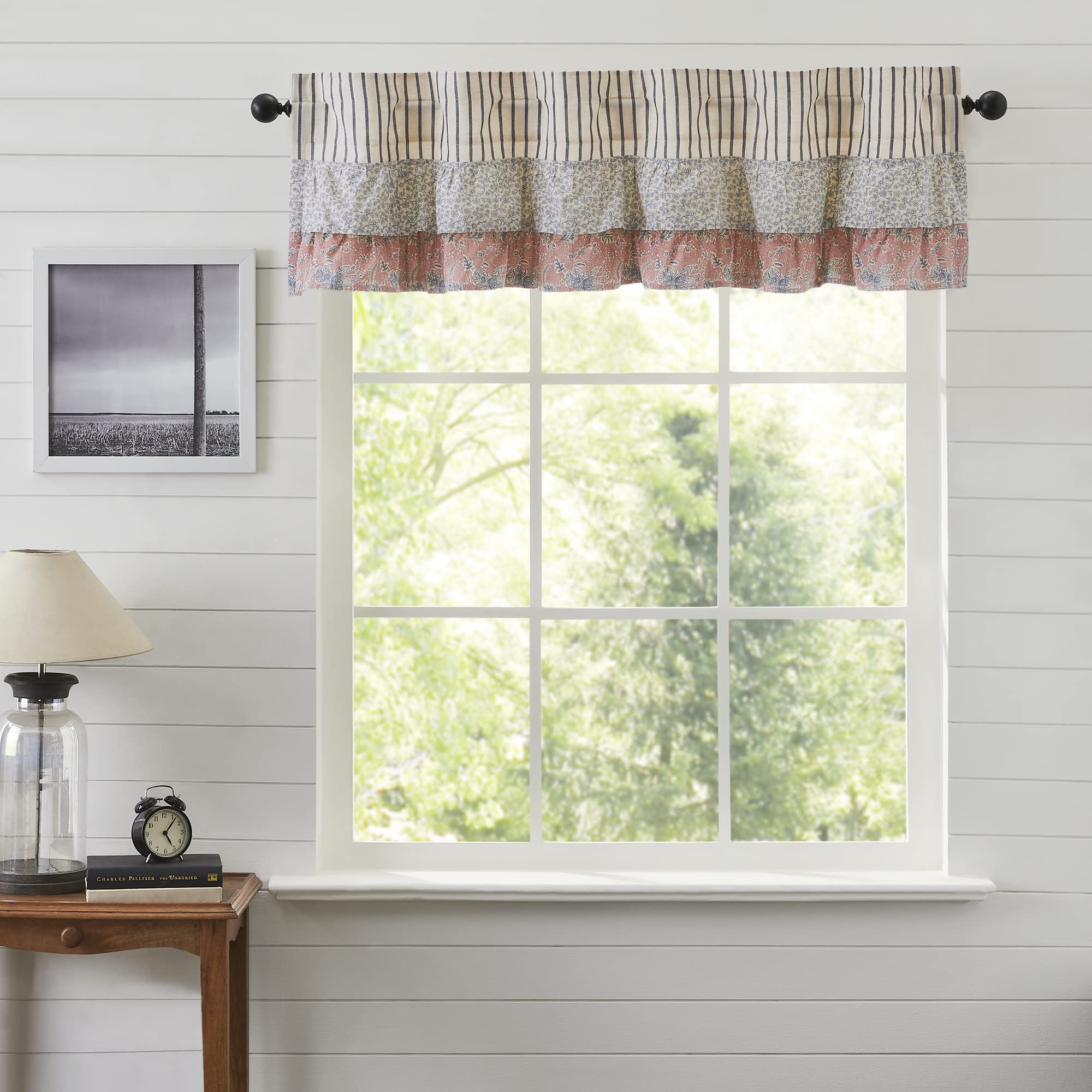 VHC Brands Kaila Country Cottage Ruffled Blue Ticking Stripe Kitchen Curtain Valance 16x60