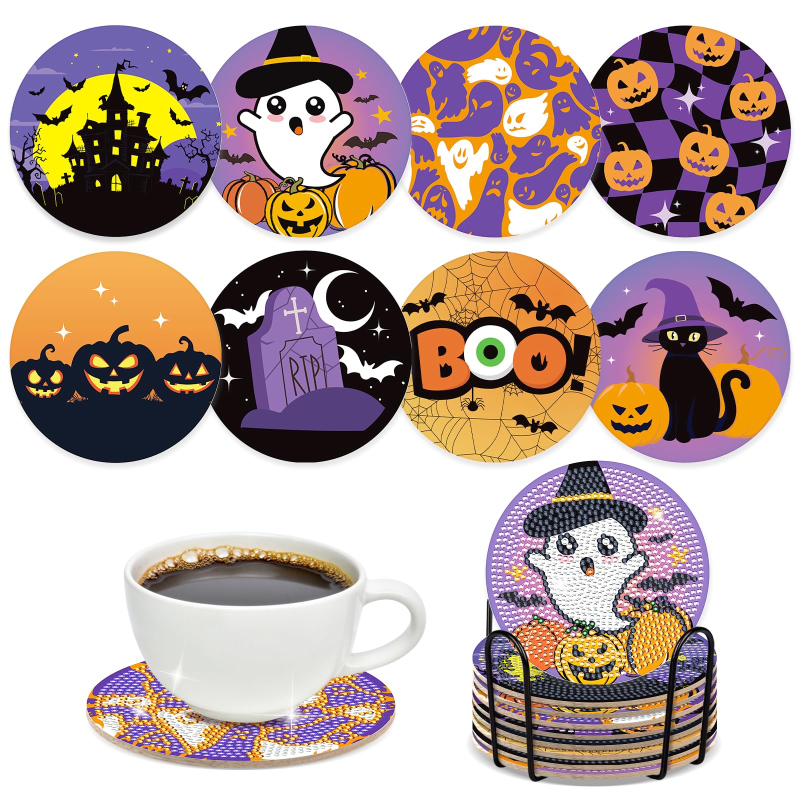 Sitsink Halloween Diamond Art Coasters - 8 Pcs DIY Pumpkin Ghost Boo Black Cat Diamond Painting Halloween Coasters Kit for Adult