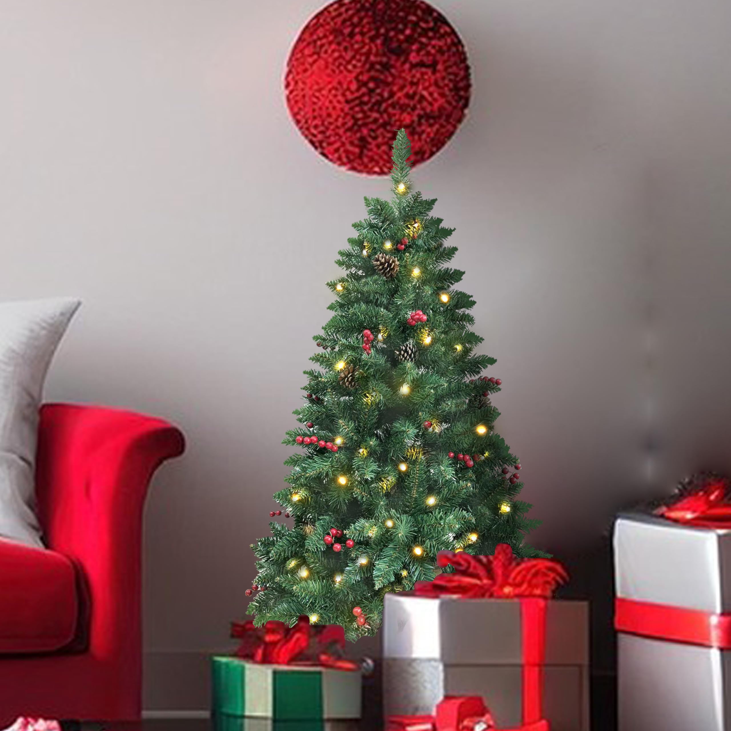 SZCXTOP 4ft Pre-lit Christmas Tree,Artificial Pine 300 PVC Branches Tips with 20 Red Berries & 20 Pinecone & 100 LED Lights & Bu