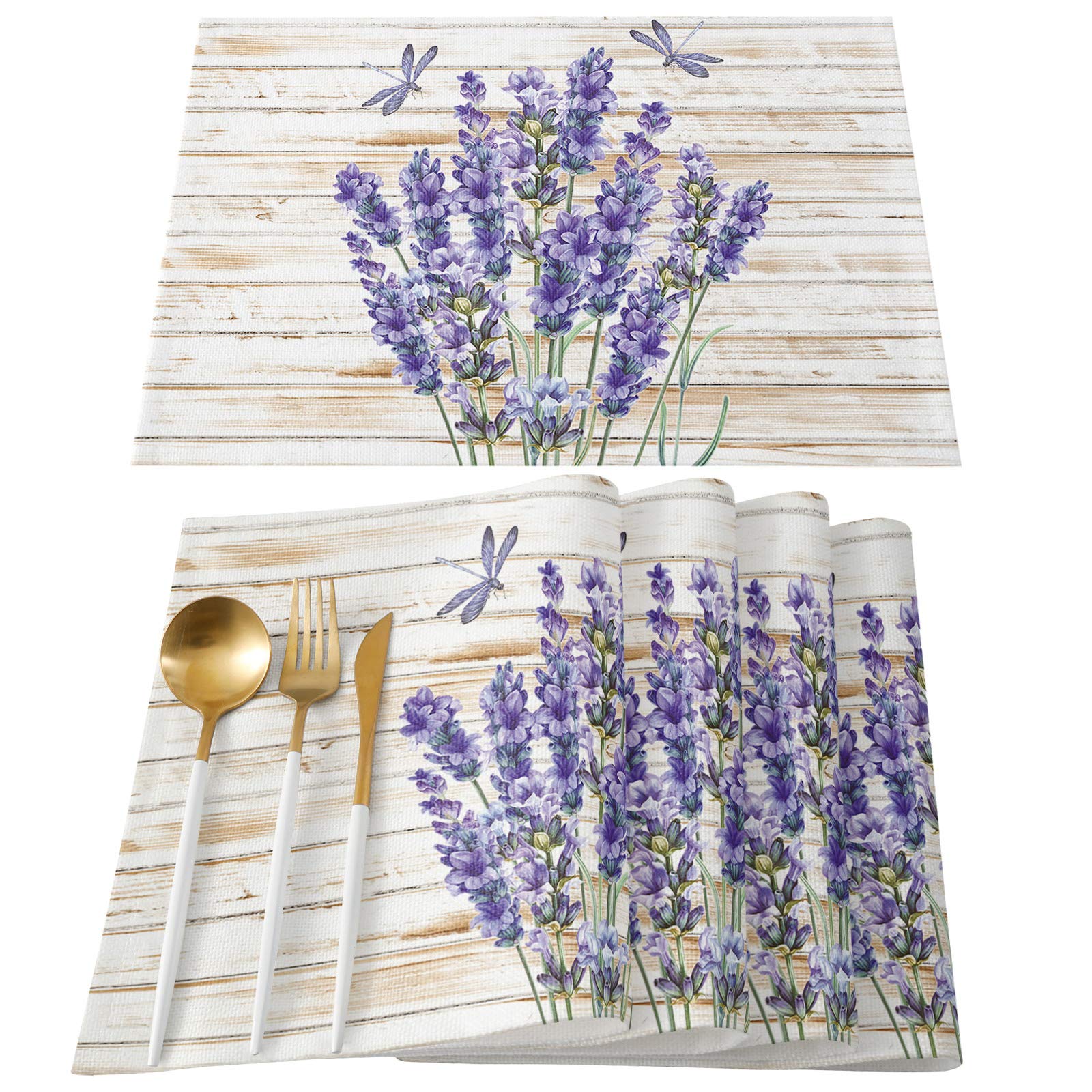 Purple Lavender Flower Floral Placemats Set Of 6 Non Slip Washable Table Mats Set, Dragonfly Rustic Wood Grain Table Placemats F