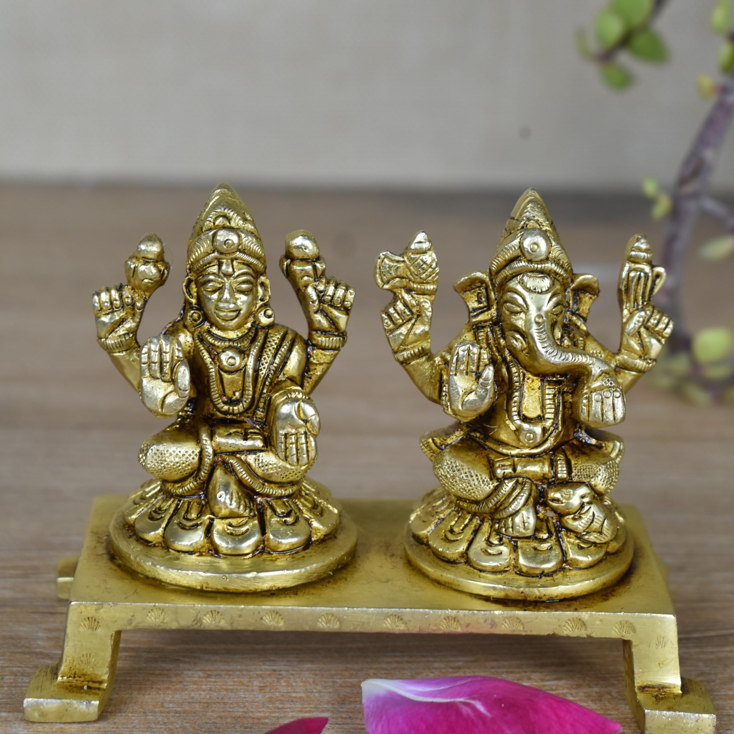 Vintage Gulley Brass Laxmi Ganesh Idol Set With Chowki Stand, Peetal Ganesha Lakshmi Paoti For Diwali Puja, Study Table, Pooja R