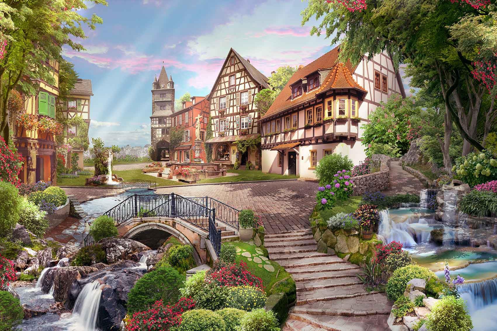 Toolhom Flowery Waterfall And Beautiful Street Scene In The Sunshine Wall Mural For Living Room, Bedroom, Bathroom Backdrop Deco