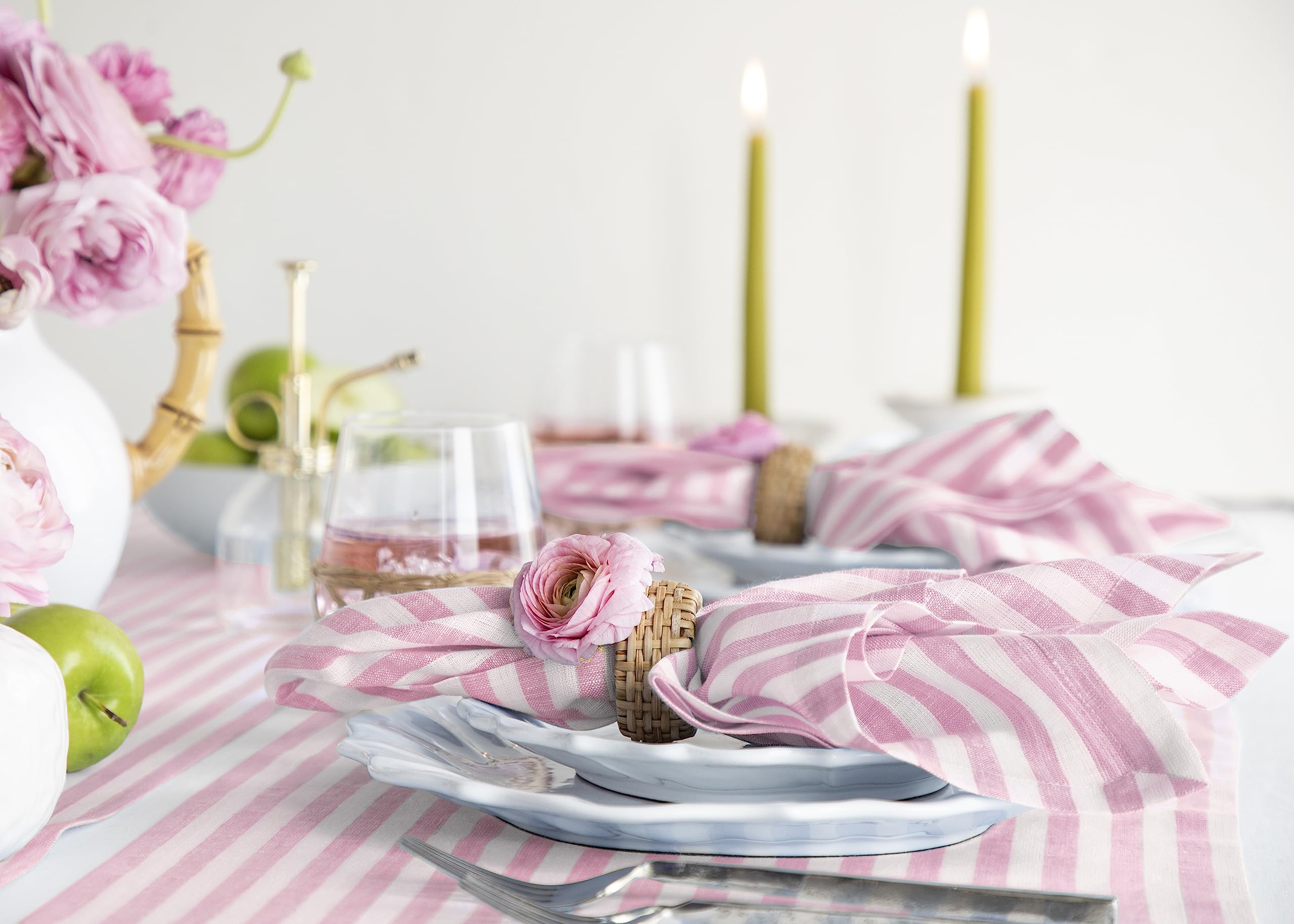 Solino Home Stripe Linen Napkins - 20 X 20 Inch Cloth Dinner, Set Of 4 100% Pure Linen Napkins Cherry Blossom And White - Amalfi