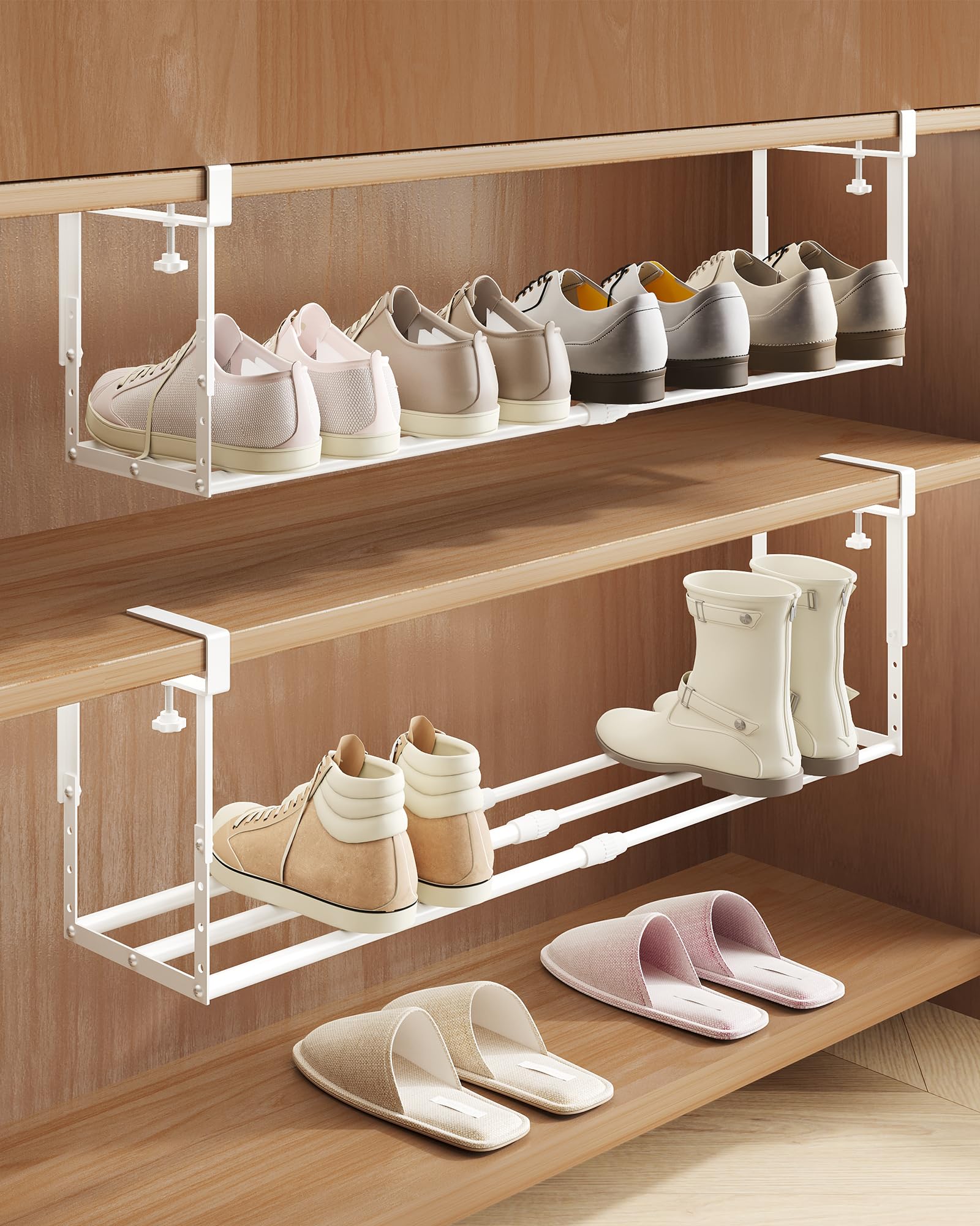 NANAGIFTREE 2 Pack Expandable Shoe Rack Organizer for Cabinet, Adjustable Hanging Under Shelf Storage, Sturdy Round Tube Design,