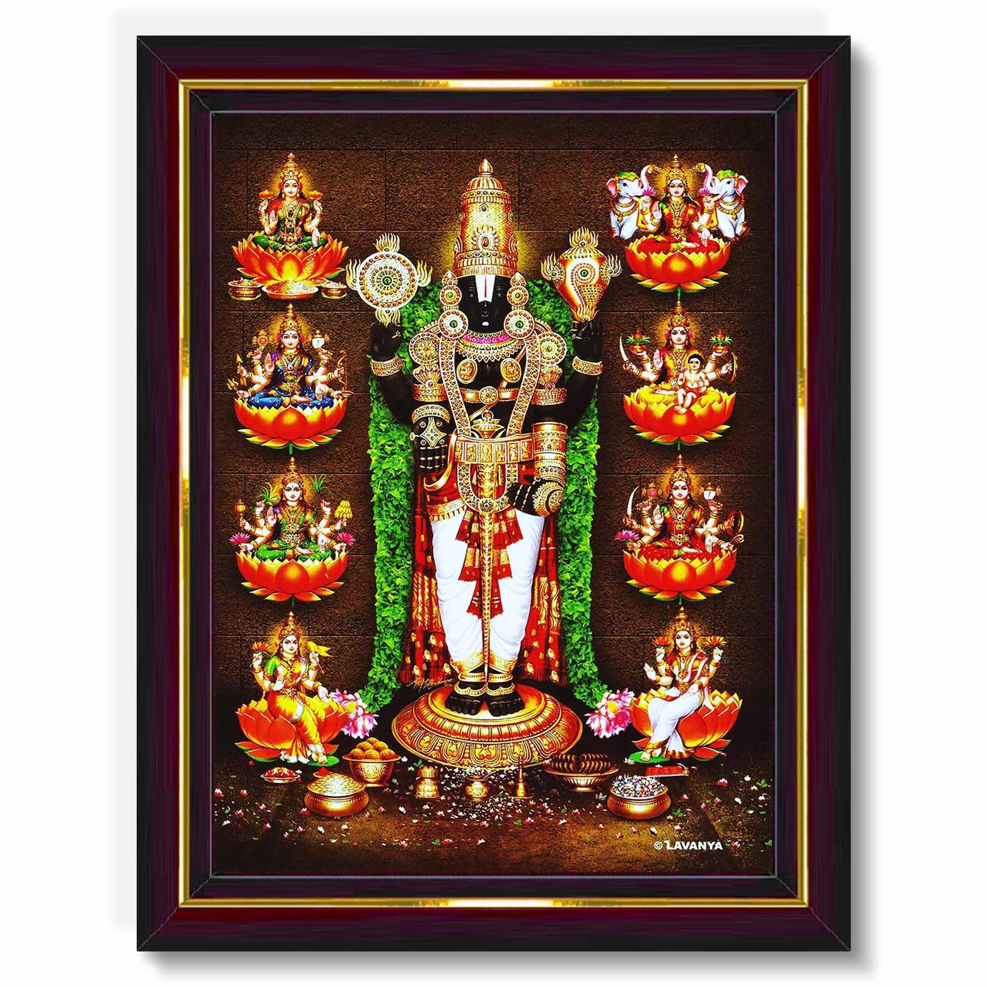 Pavan Photo Laminations Tirupati Balaji Lakshmi Venkateshwara Swamy Wall Painting Framed Home Decor (Wood,Matte,Brown,Small Size